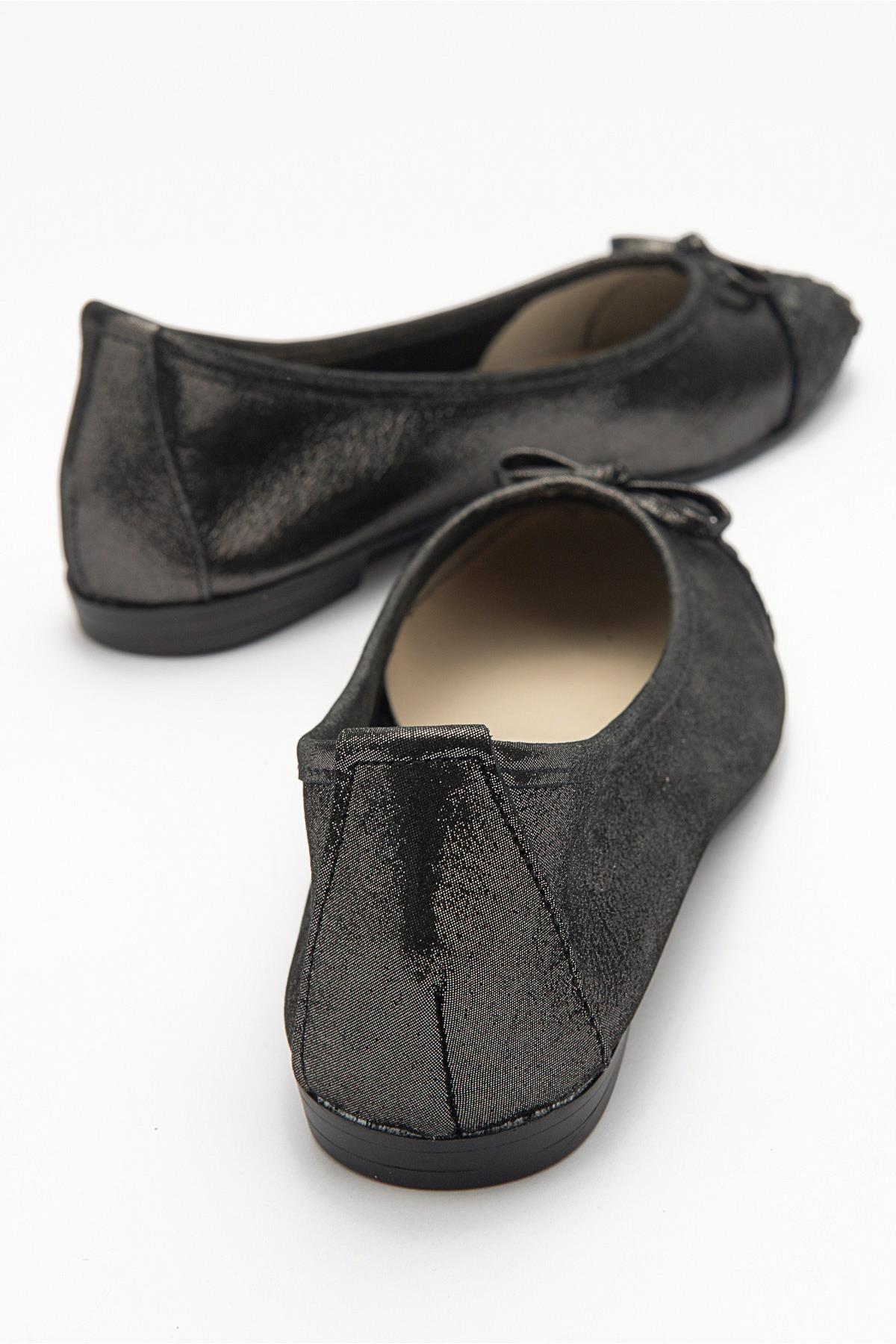 02 - Black Glitter Genuine Leather Ballet Flat – heel view showing leather, glitter, black, Vowalisse