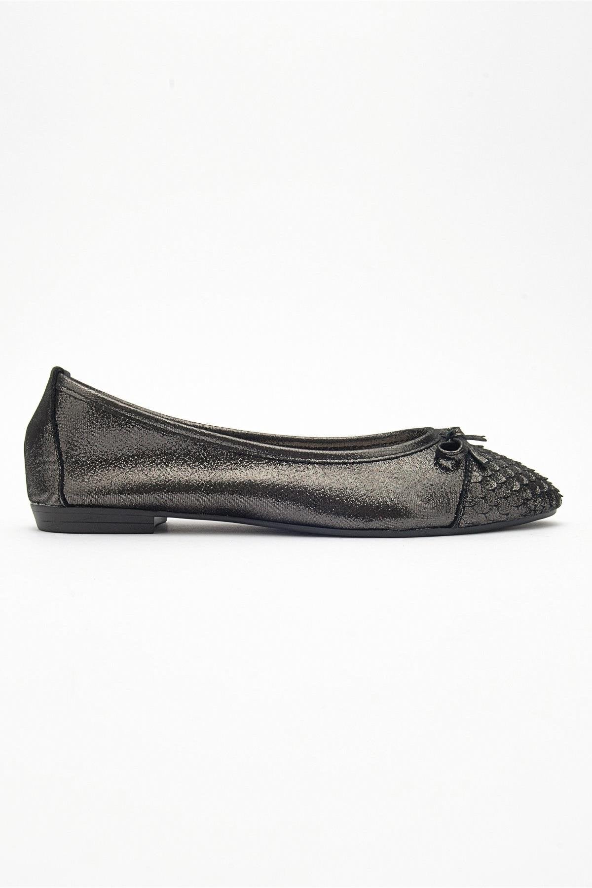 02 - Black Glitter Genuine Leather Ballet Flat – top view showing leather, glitter, black, Vowalisse
