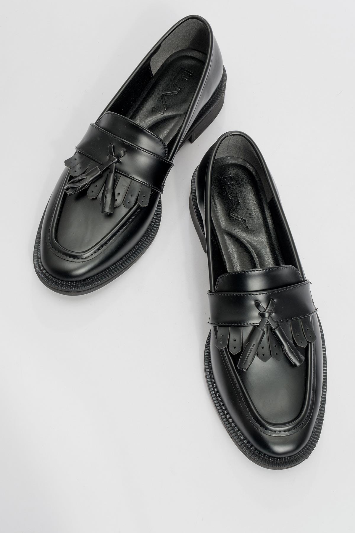 Lily - Black Matte Patent Loafer – side view showing leather, black, red, Vowalisse