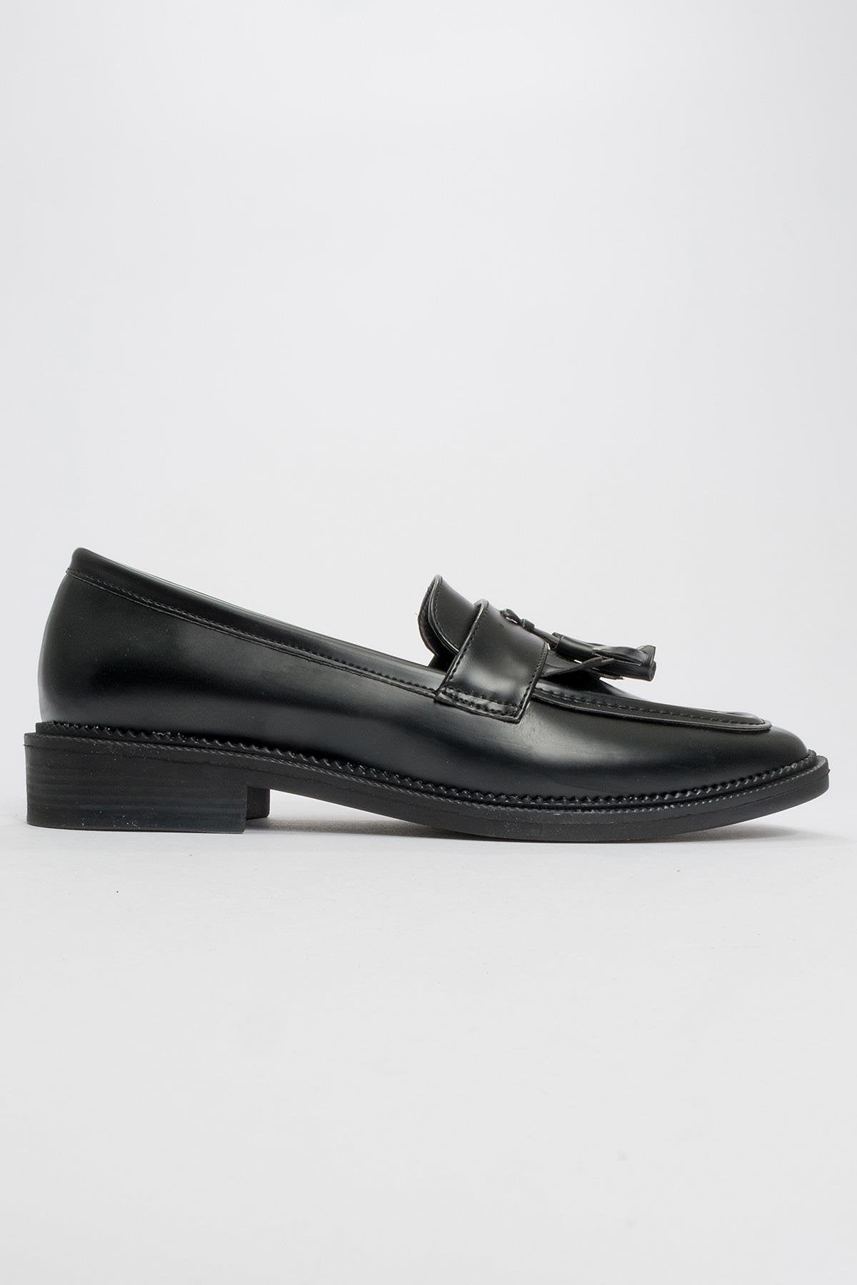 Lily - Black Matte Patent Loafer – heel view showing leather, black, red, Vowalisse