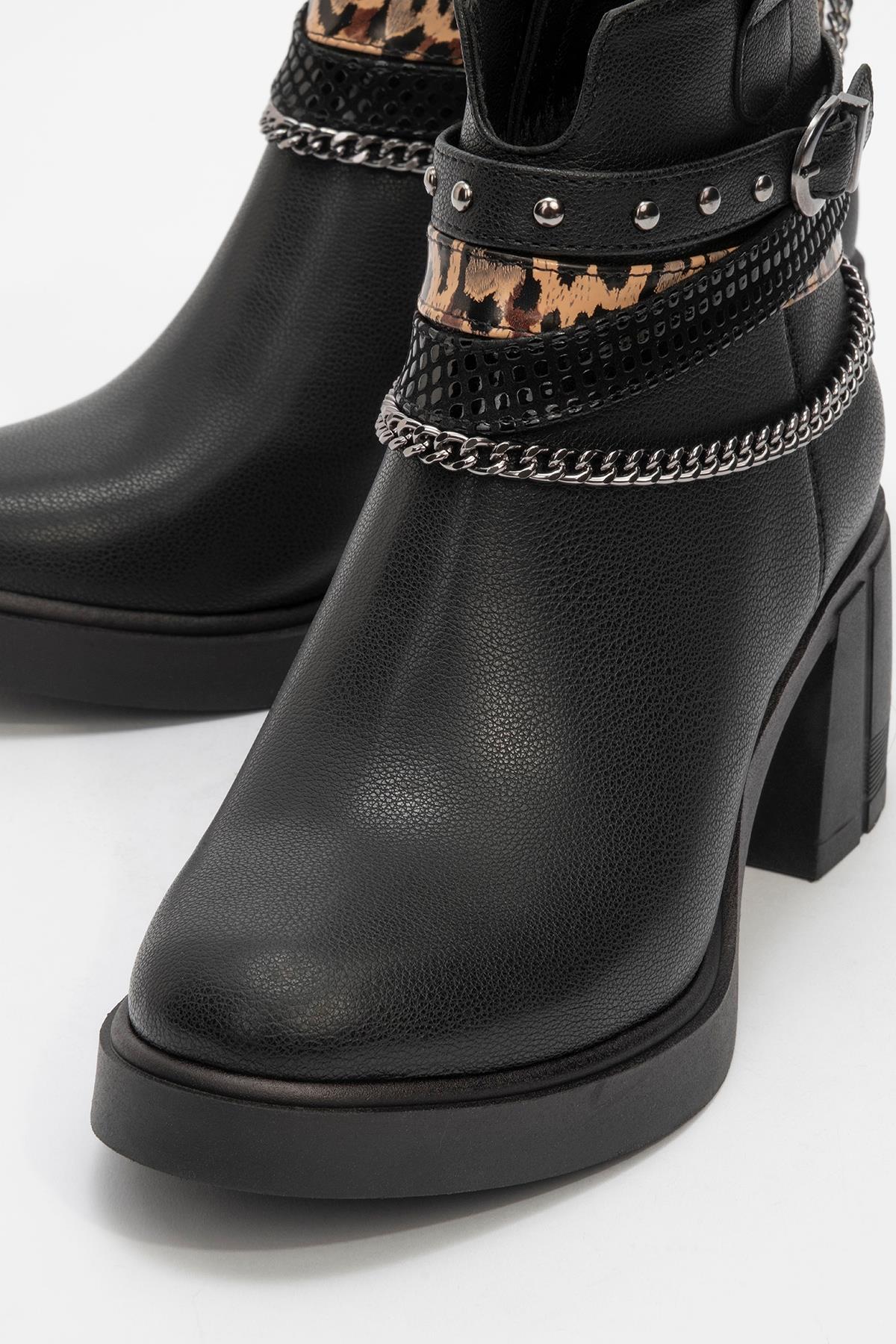 Boliva - Black Belted Chain Boot – side view showing leather, black, Vowalisse