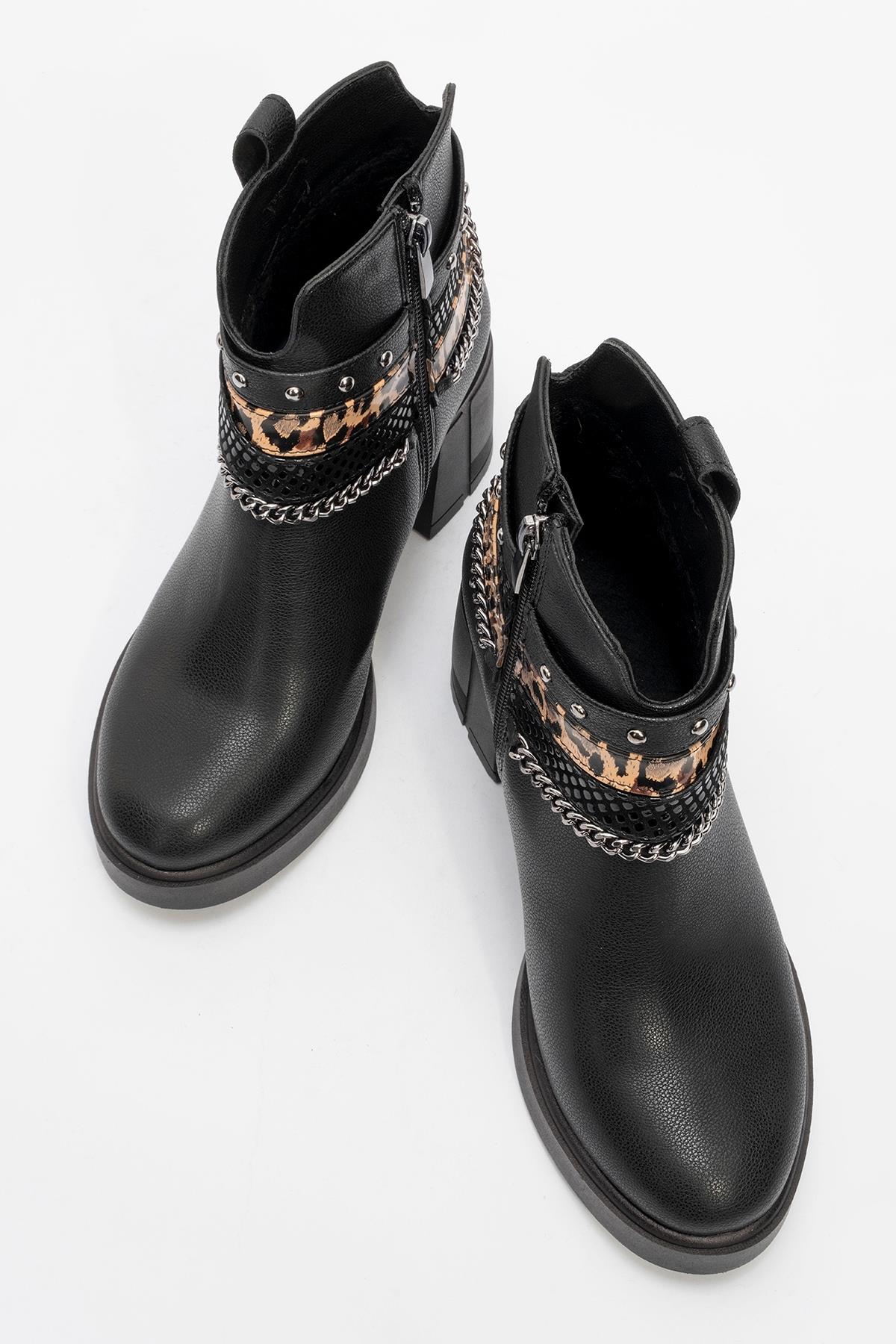 Boliva - Black Belted Chain Boot – detail view showing leather, black, Vowalisse