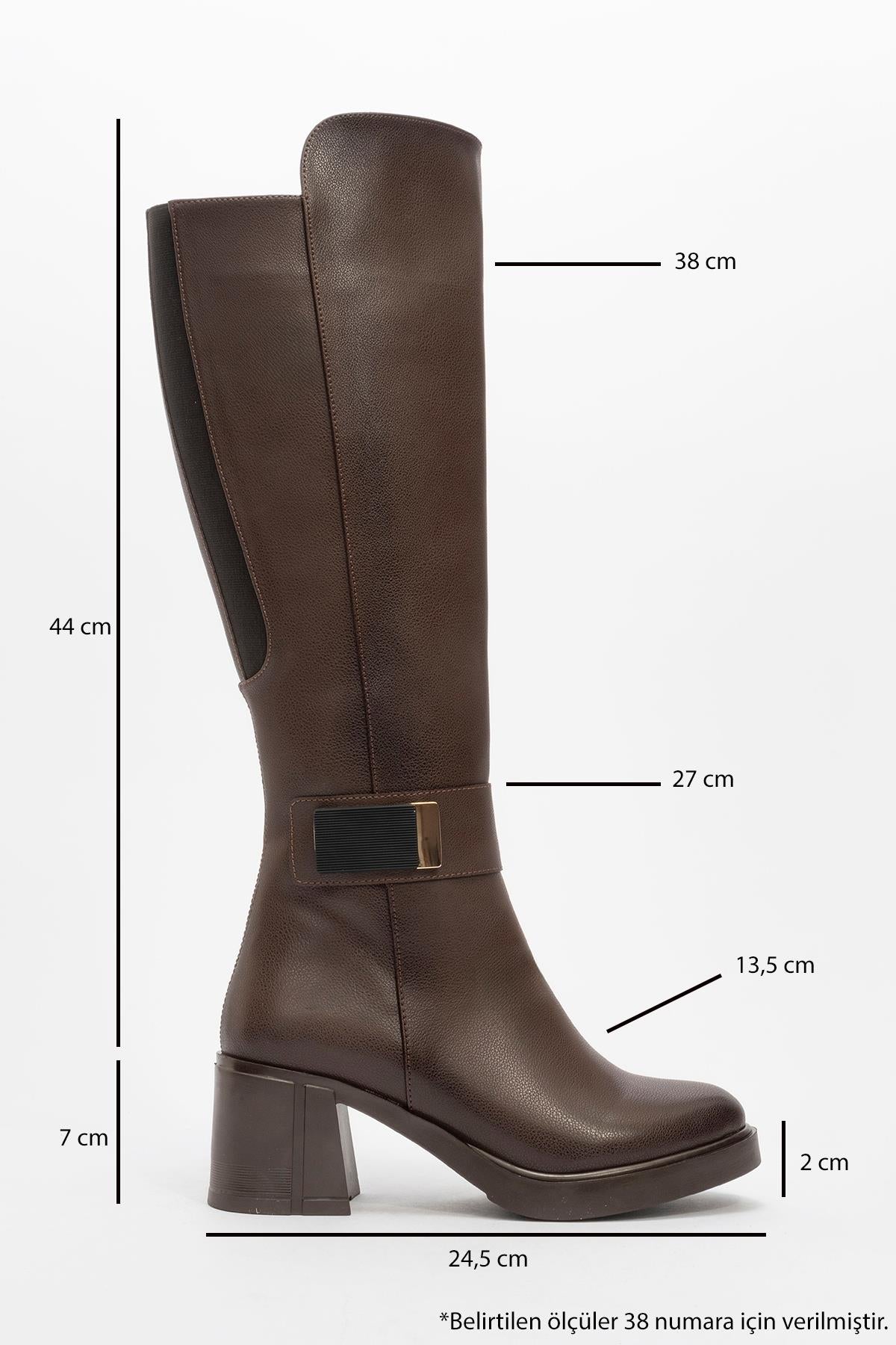 Moreni - Cognac Block Heel Knee-High Boot – heel view showing leather, Vowalisse