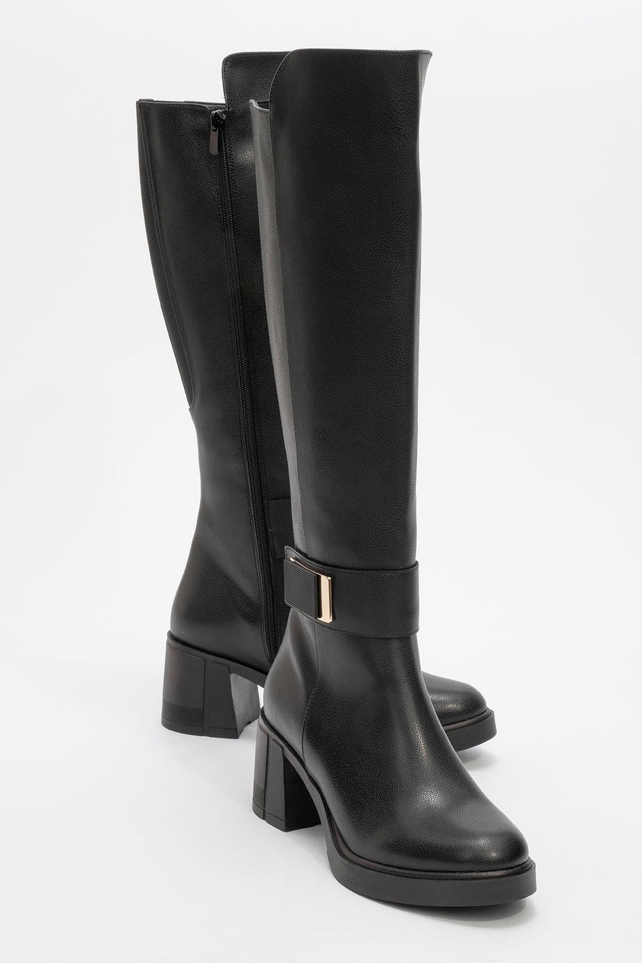 Moreni - Black Stretch Detail Buckle Block Heel Knee-High Boot