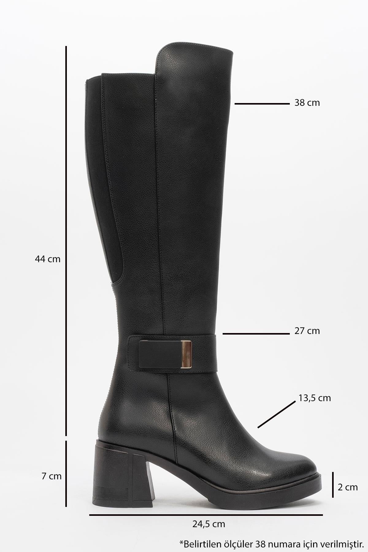 Moreni - Black Stretch Detail Buckle Block Heel Knee-High Boot – heel view showing leather, black, Vowalisse