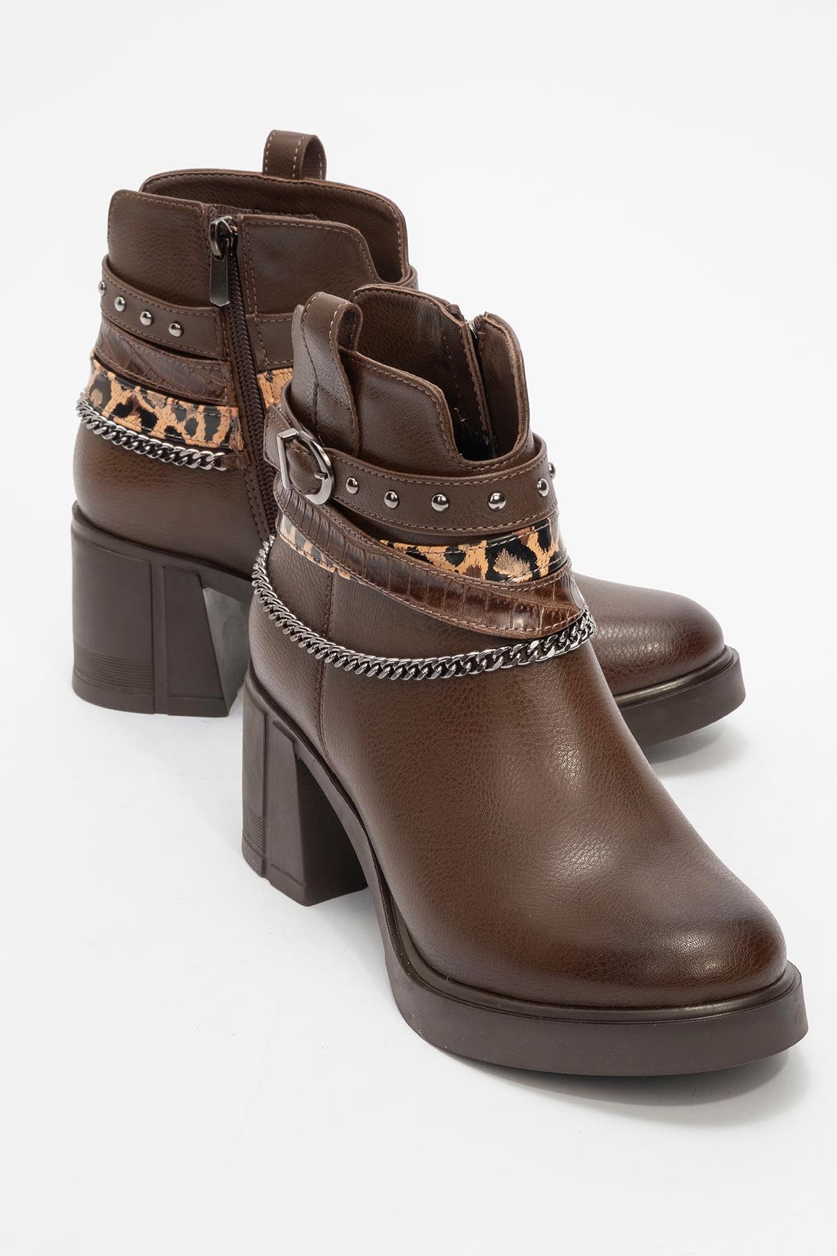 Boliva - Brown Belted Chain Boot – front three-quarter view showing leather, Vowalisse