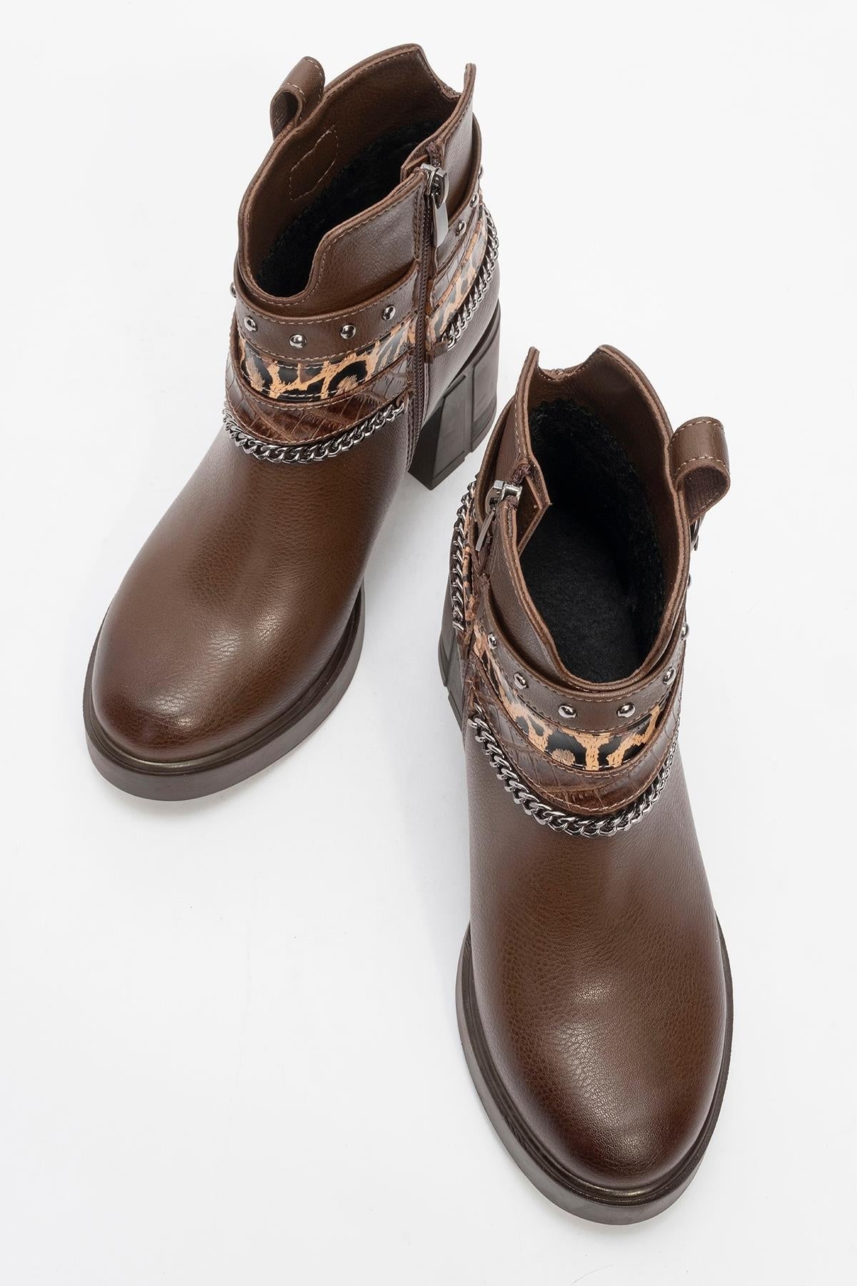 Boliva - Brown Belted Chain Boot – side view showing leather, Vowalisse