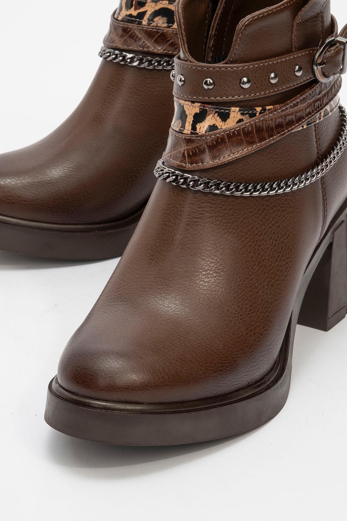 Boliva - Brown Belted Chain Boot – detail view showing leather, Vowalisse