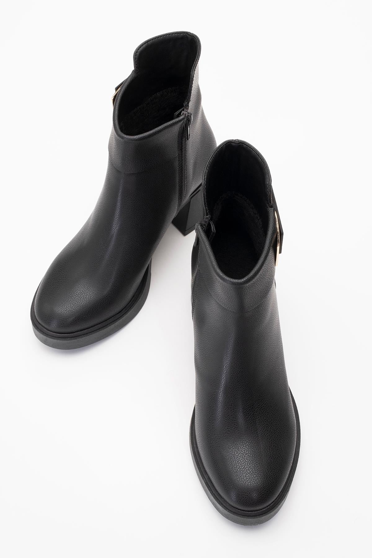 Rashe - Black Buckled Block Heel Boot – side view showing leather, black, red, Vowalisse