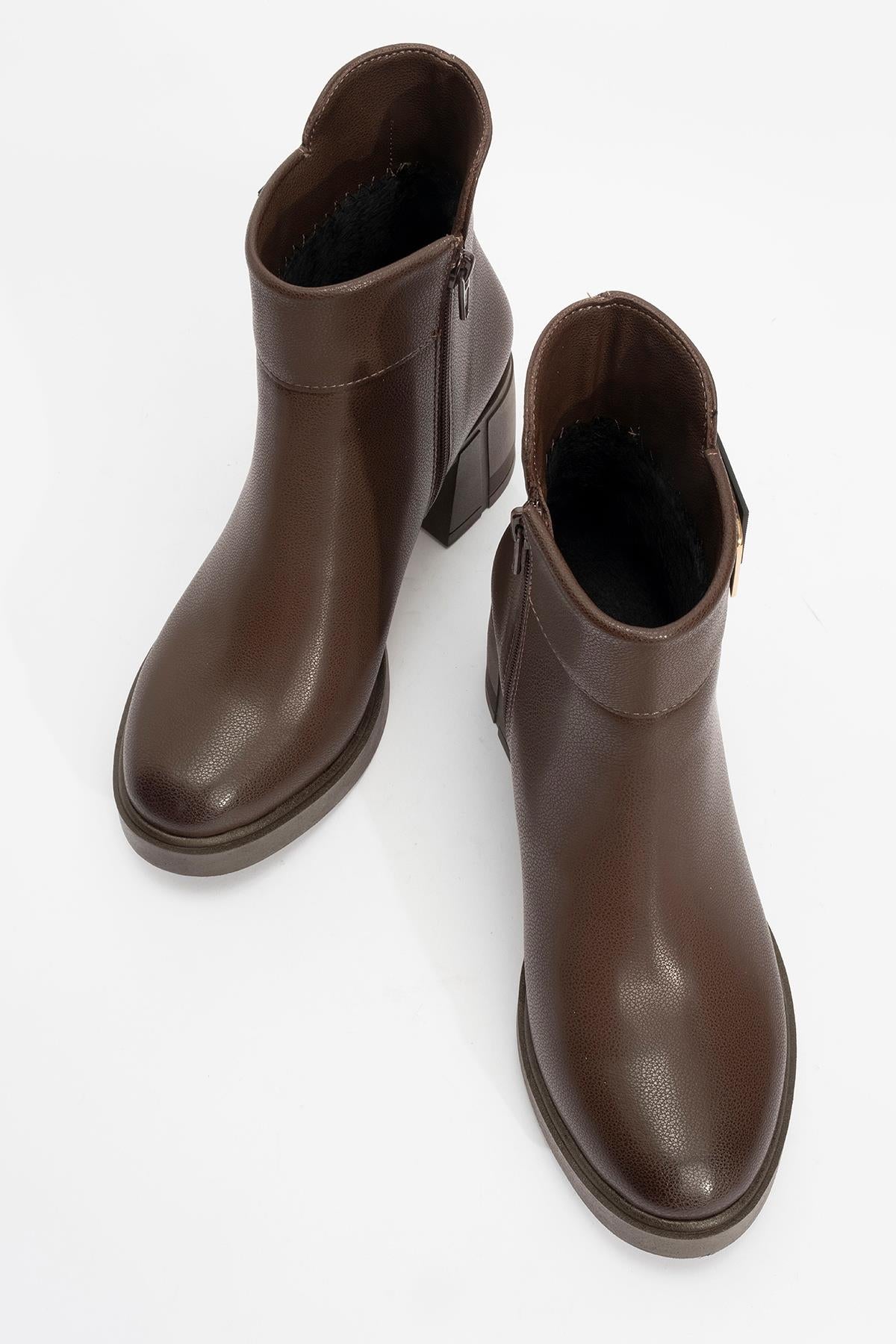 Rashe - Brown Buckled Block Heel Boot – side view showing leather, Vowalisse