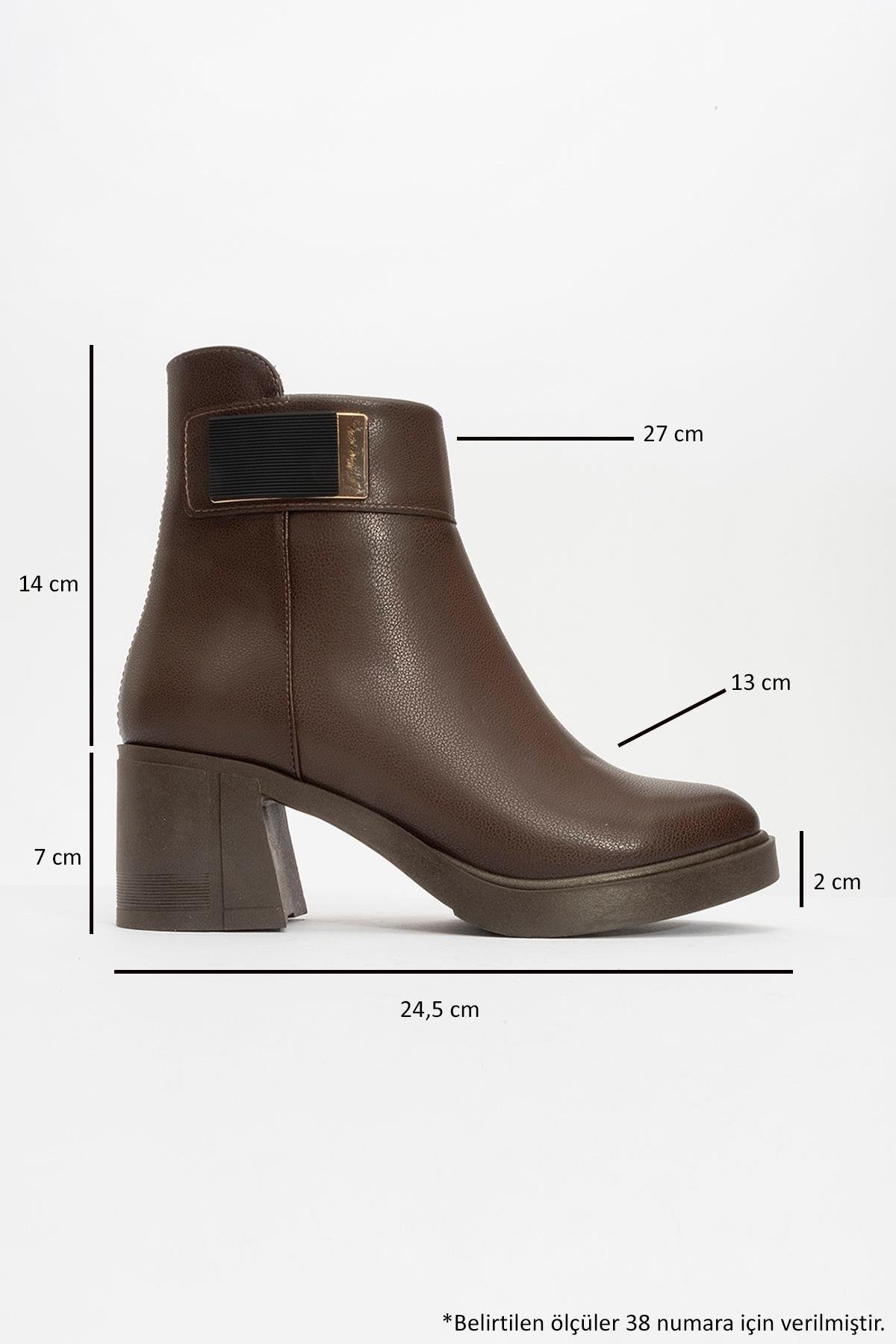 Rashe - Brown Buckled Block Heel Boot – heel view showing leather, Vowalisse