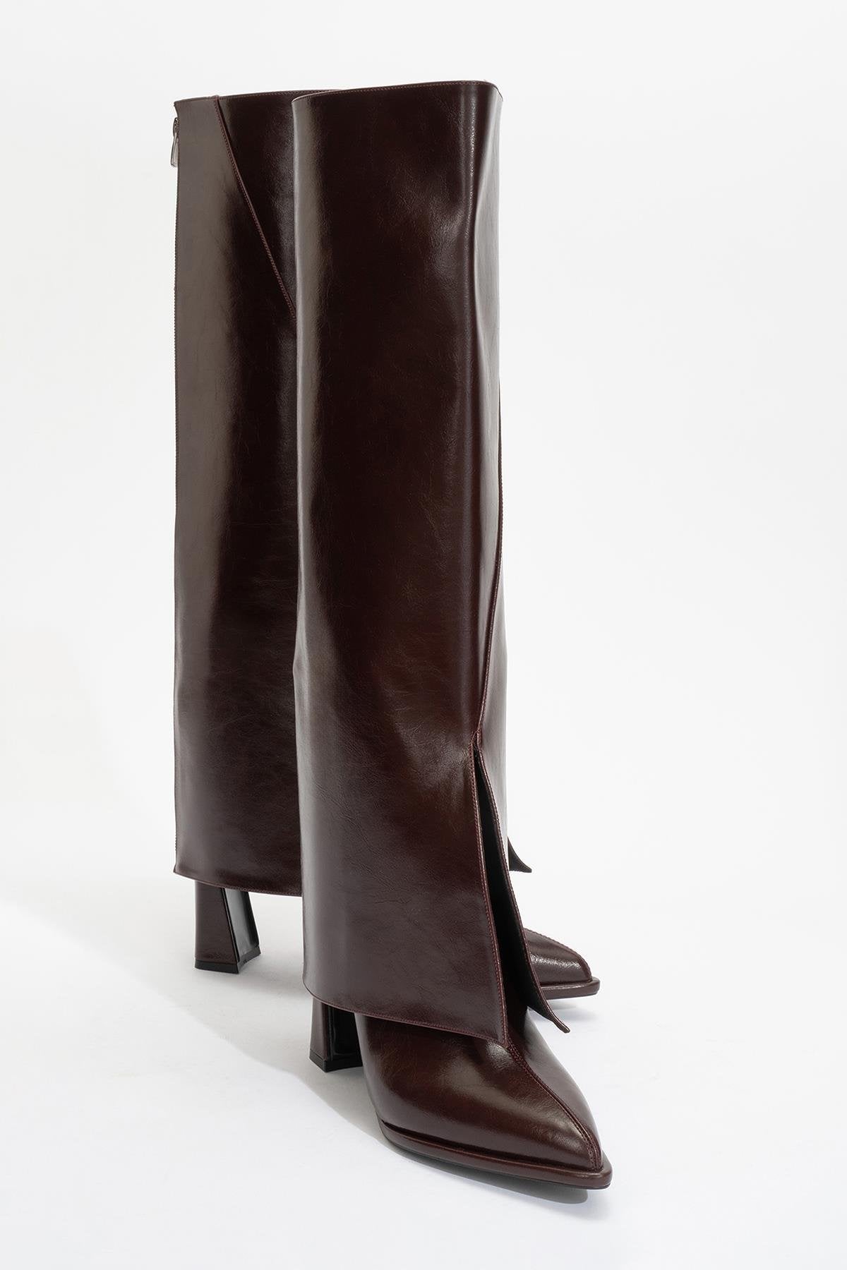 Aja - Burgundy Block Heel Convertible Knee-High Boot – side view showing leather, Vowalisse