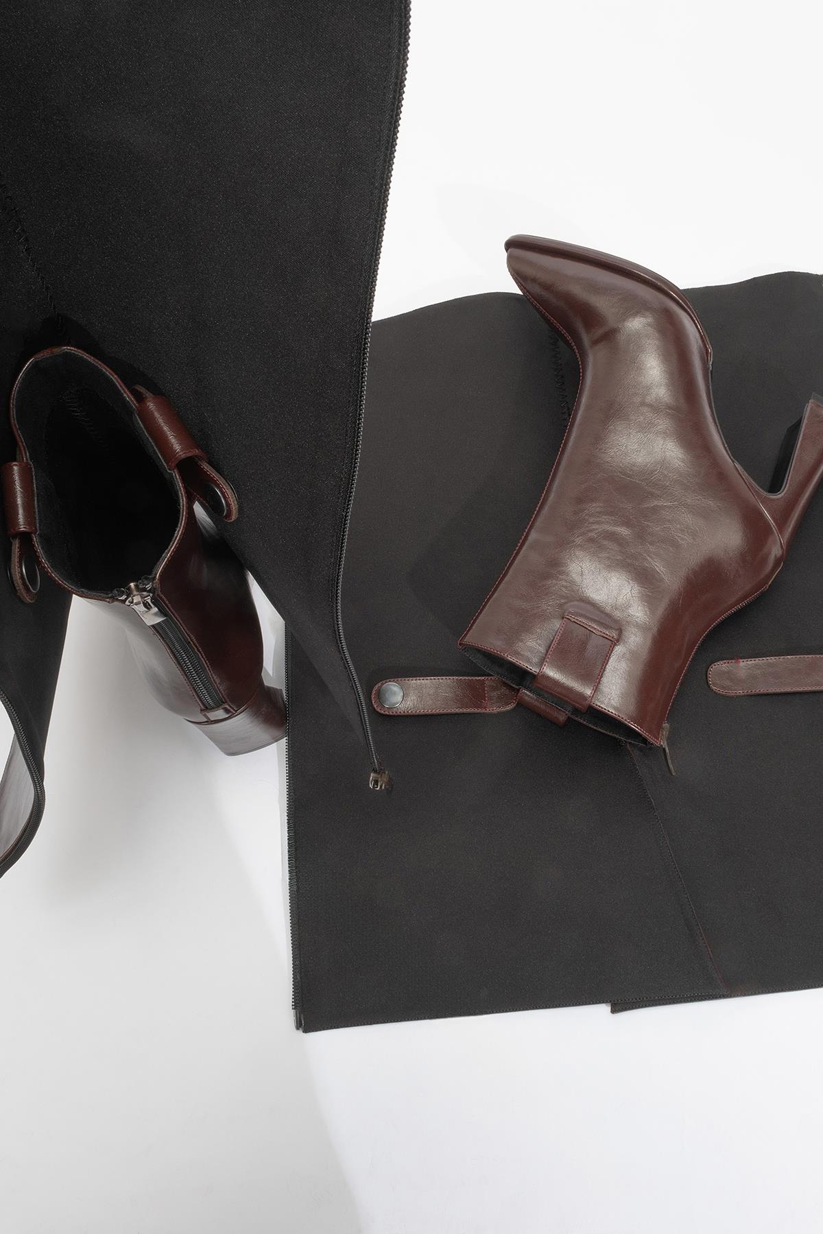 Aja - Burgundy Block Heel Convertible Knee-High Boot – heel view showing leather, Vowalisse