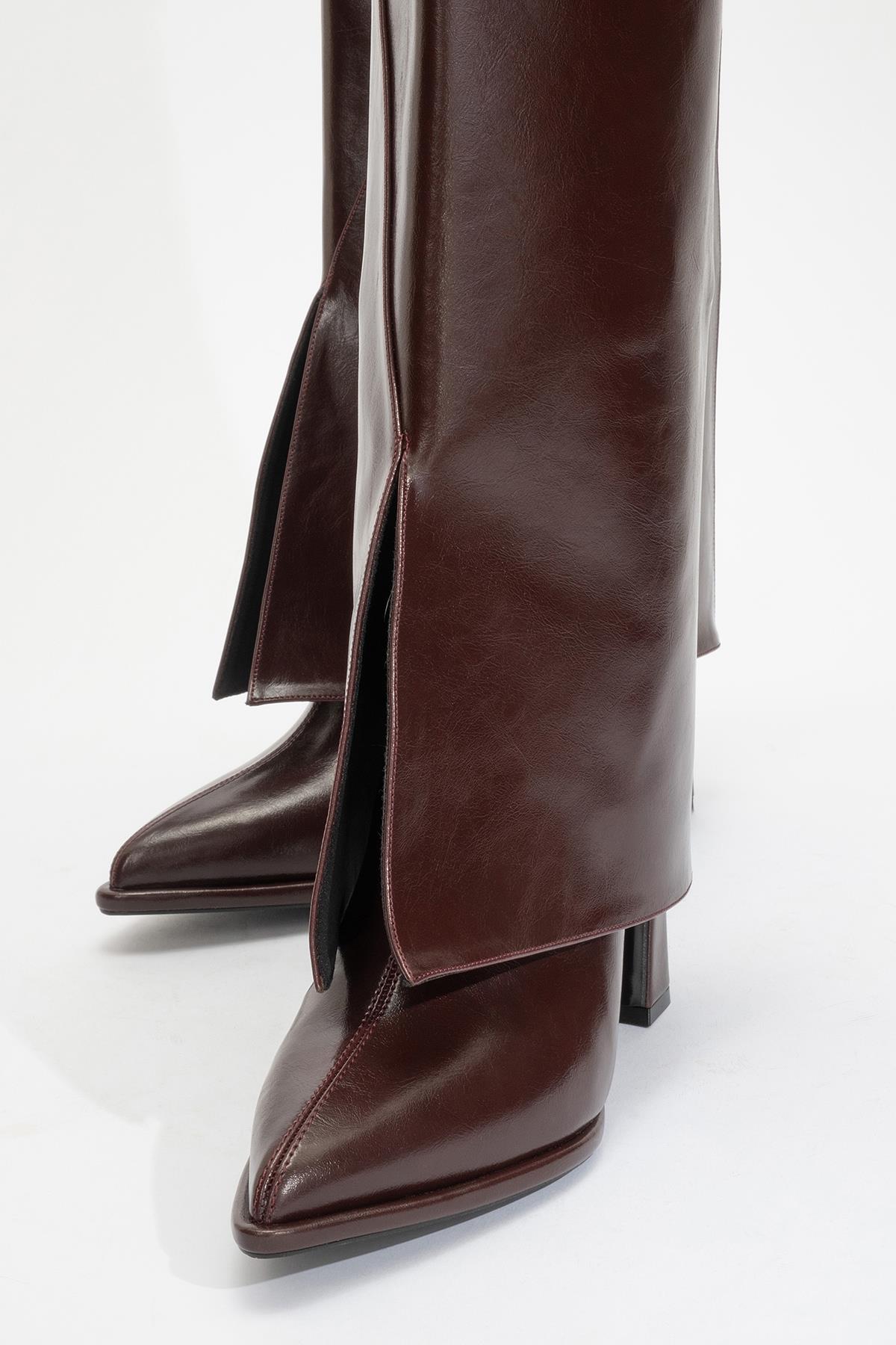 Aja - Burgundy Block Heel Convertible Knee-High Boot – sole view showing leather, Vowalisse