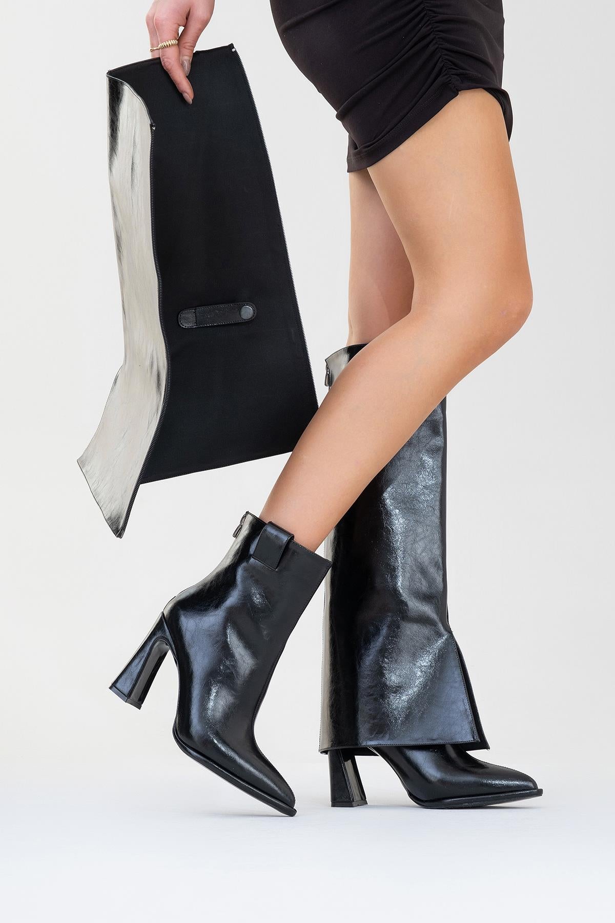 Aja - Black Block Heel Convertible Knee-High Boot – front three-quarter view showing leather, black, Vowalisse