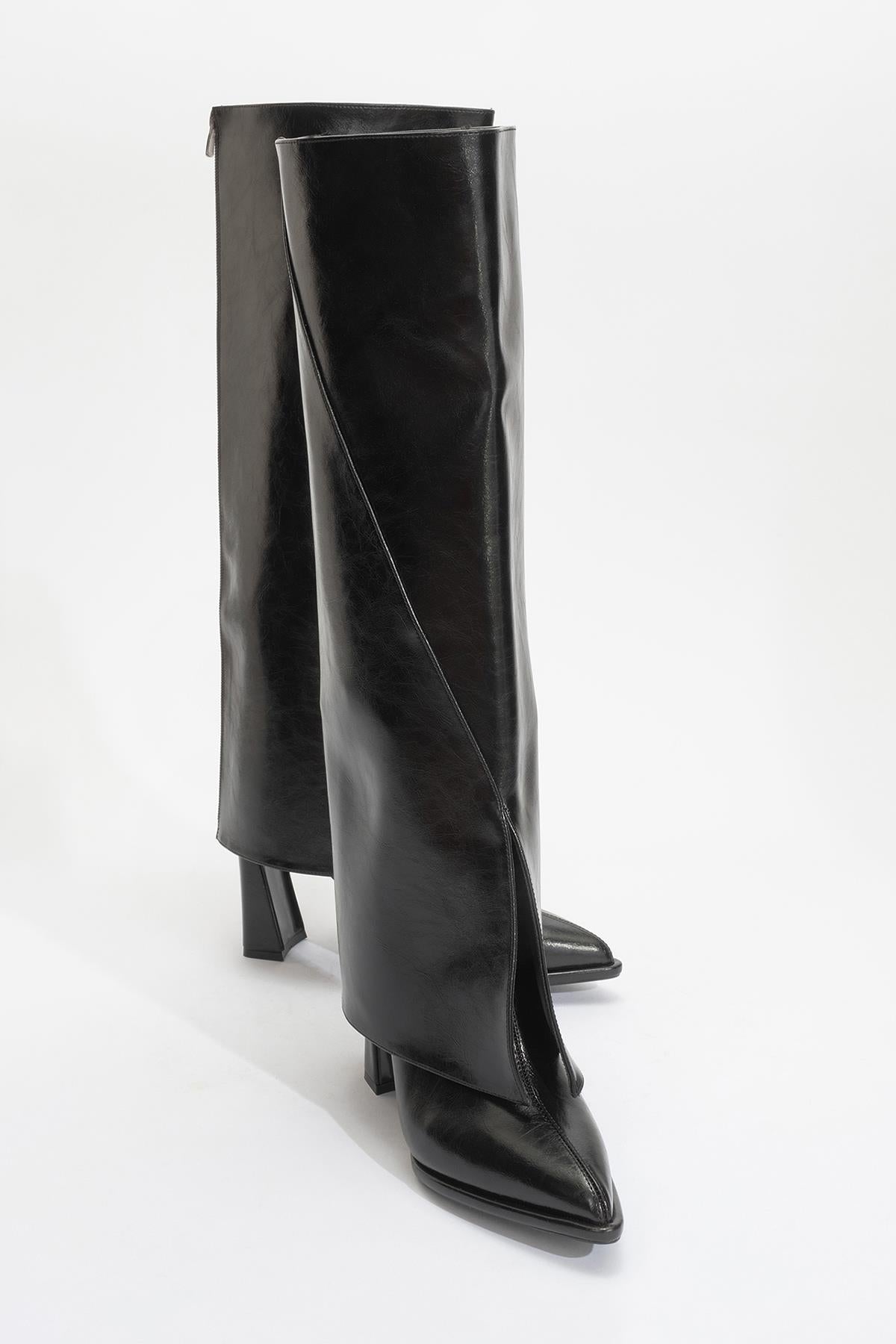 Aja - Black Block Heel Convertible Knee-High Boot – side view showing leather, black, Vowalisse