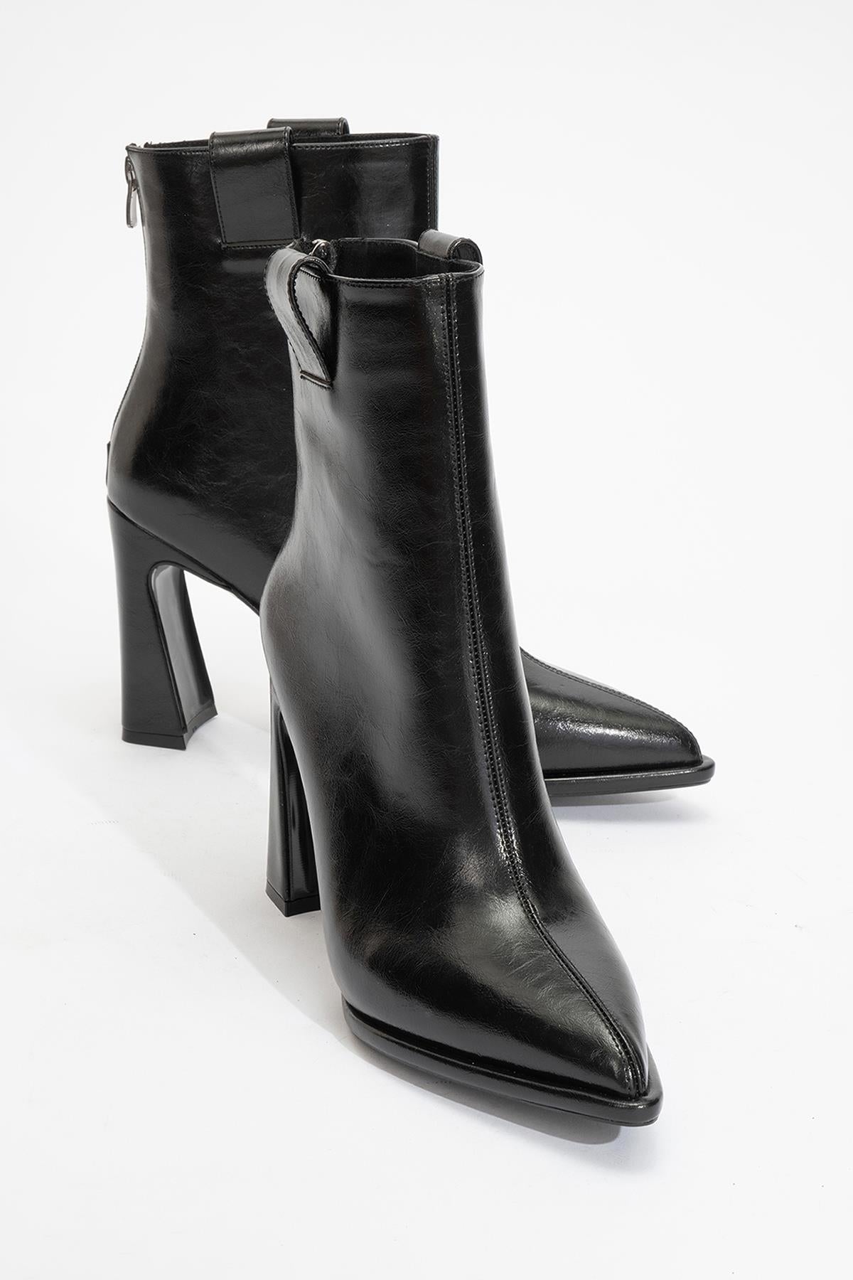 Aja - Black Block Heel Convertible Knee-High Boot – detail view showing leather, black, Vowalisse