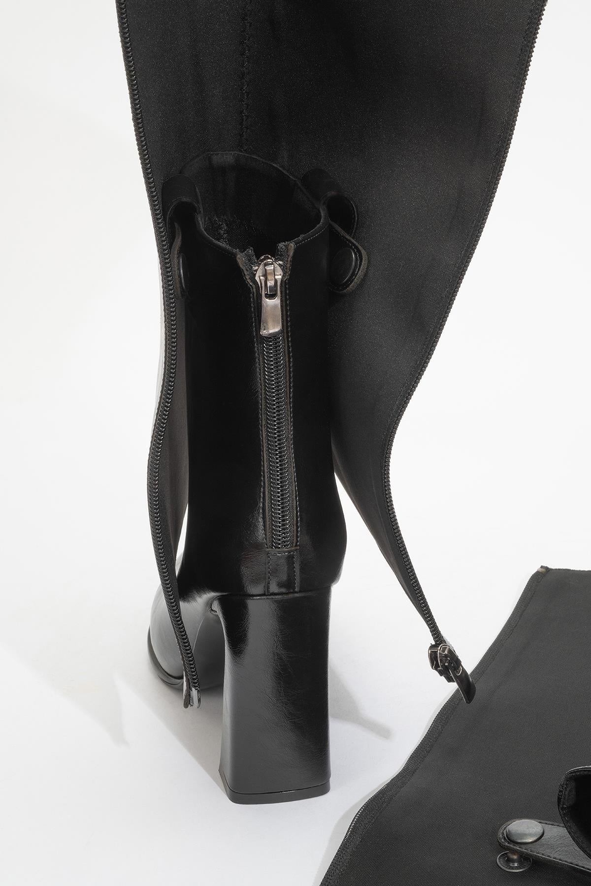 Aja - Black Block Heel Convertible Knee-High Boot – heel view showing leather, black, Vowalisse