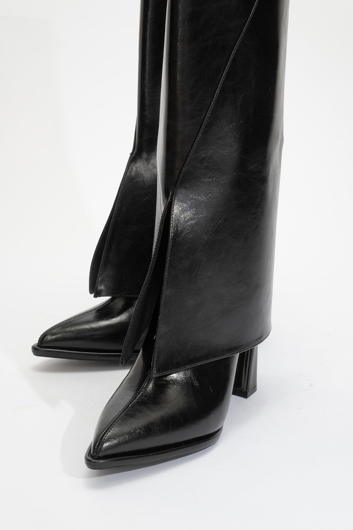 Aja - Black Block Heel Convertible Knee-High Boot – sole view showing leather, black, Vowalisse