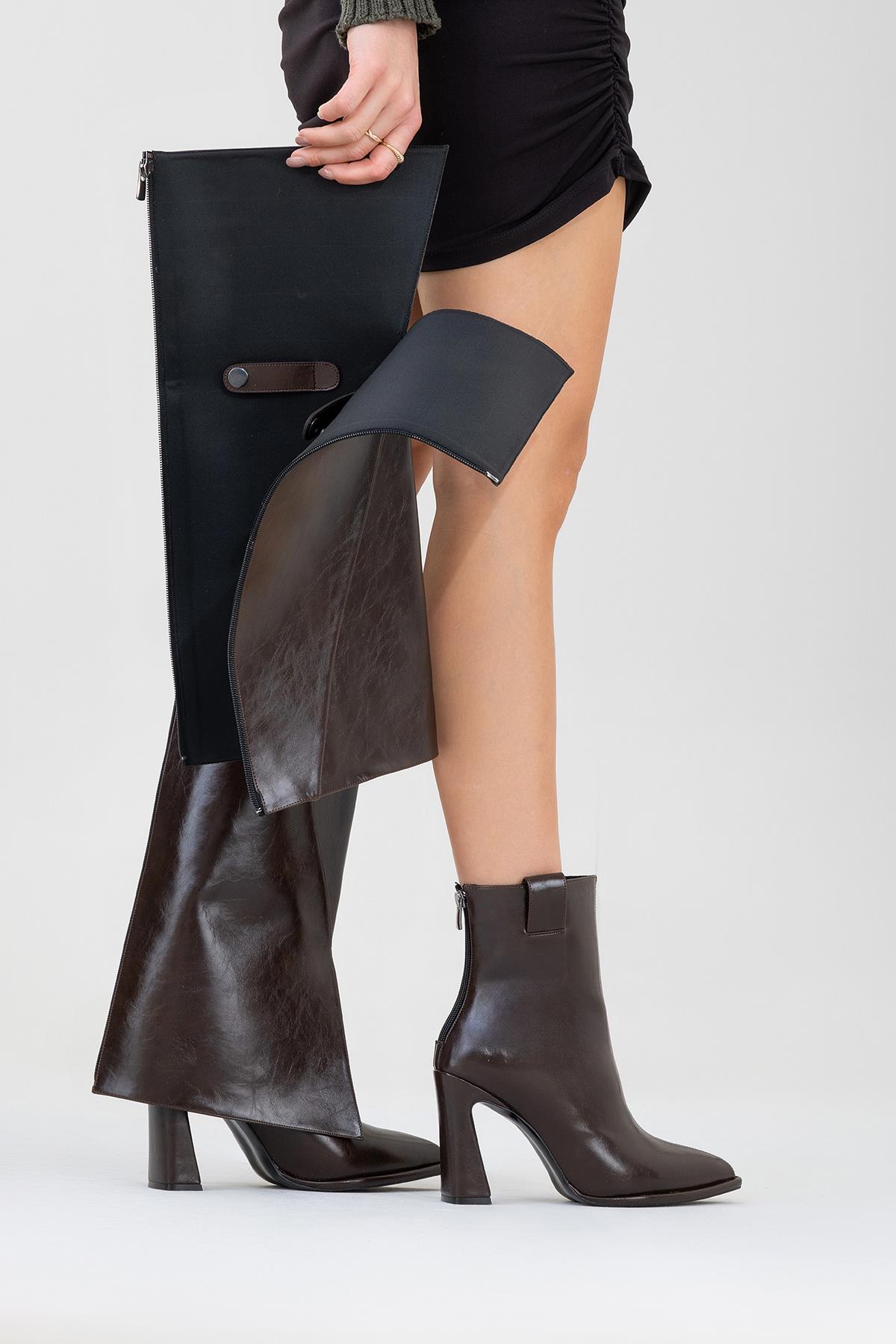Aja - Brown Block Heel Convertible Knee-High Boot – front three-quarter view showing leather, Vowalisse
