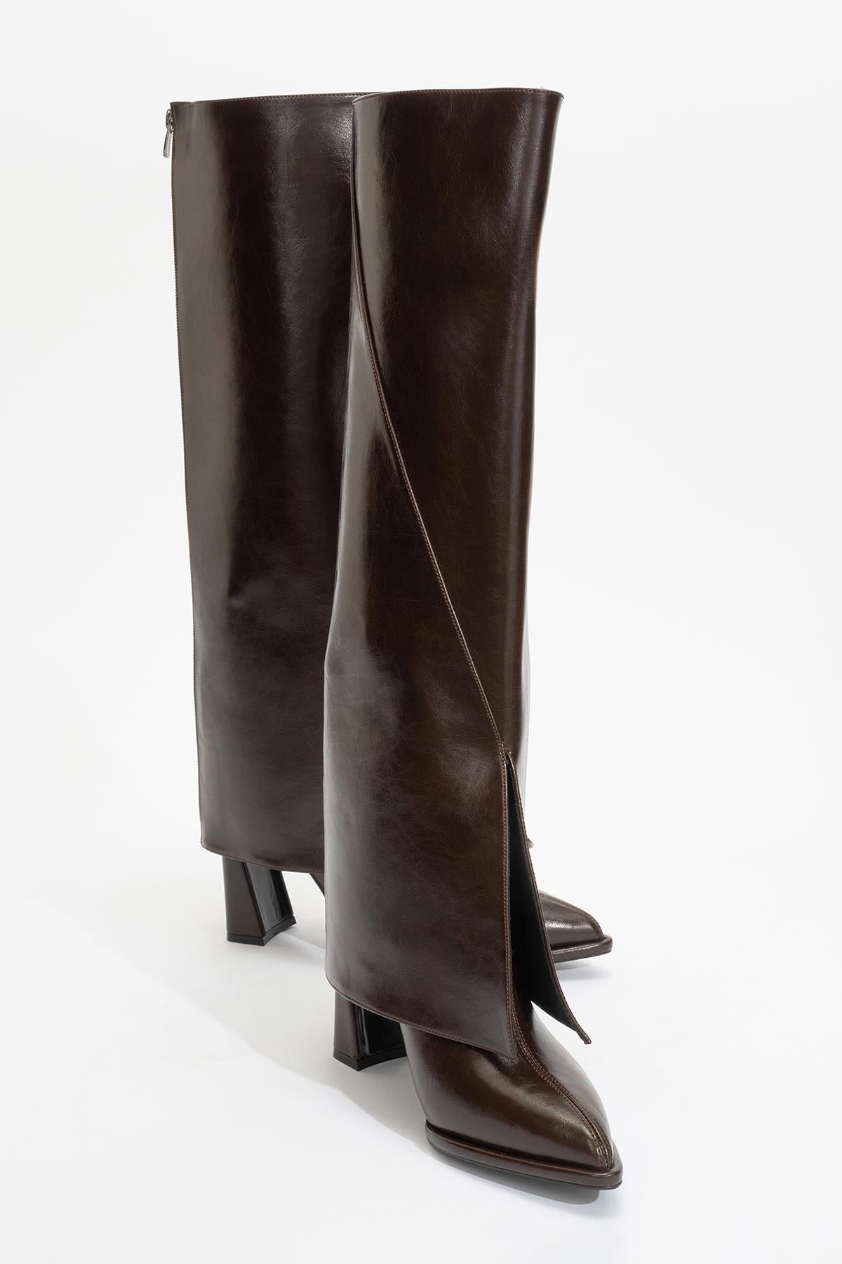 Aja - Brown Block Heel Convertible Knee-High Boot – side view showing leather, Vowalisse