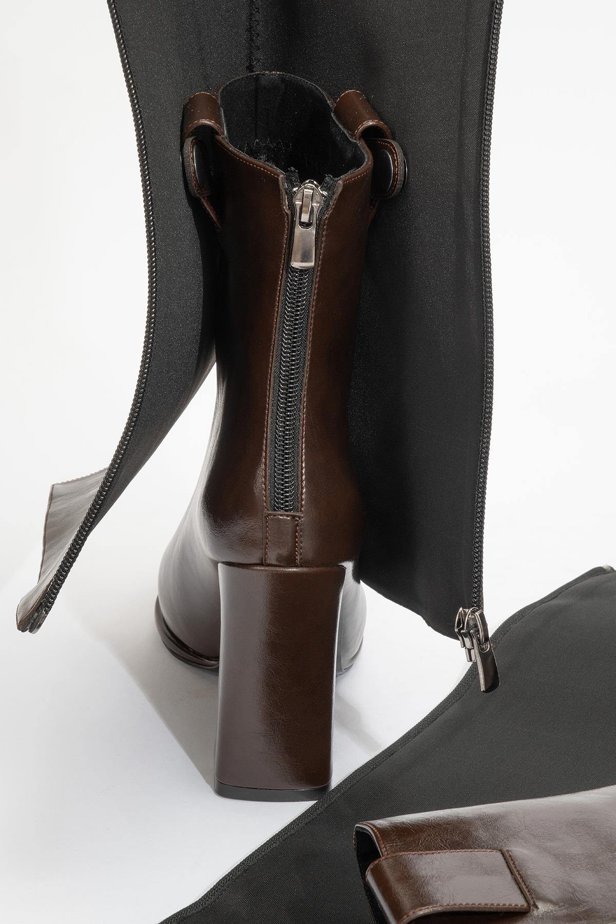 Aja - Brown Block Heel Convertible Knee-High Boot – heel view showing leather, Vowalisse