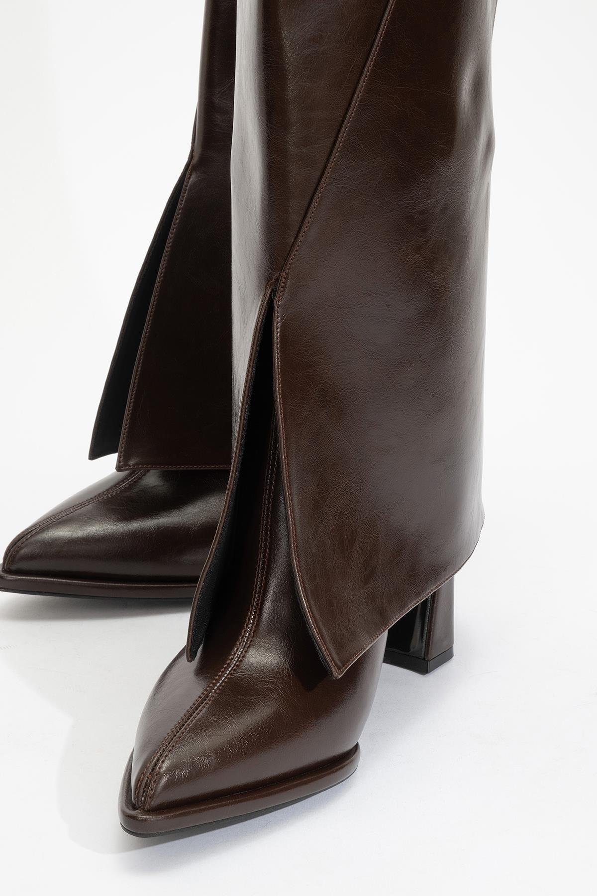 Aja - Brown Block Heel Convertible Knee-High Boot – sole view showing leather, Vowalisse
