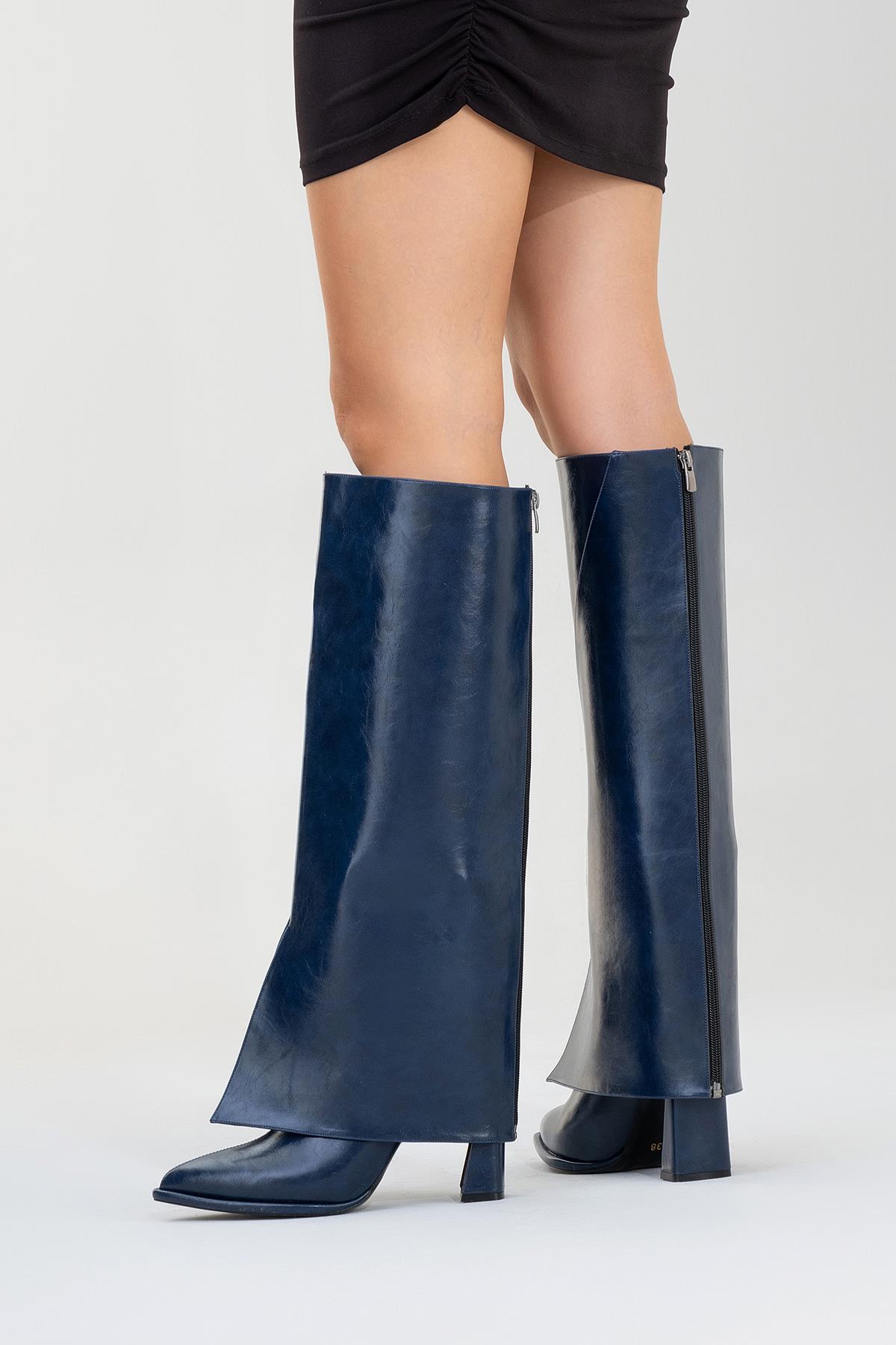 Aja - Navy Block Heel Convertible Knee-High Boot – side view showing leather, Vowalisse