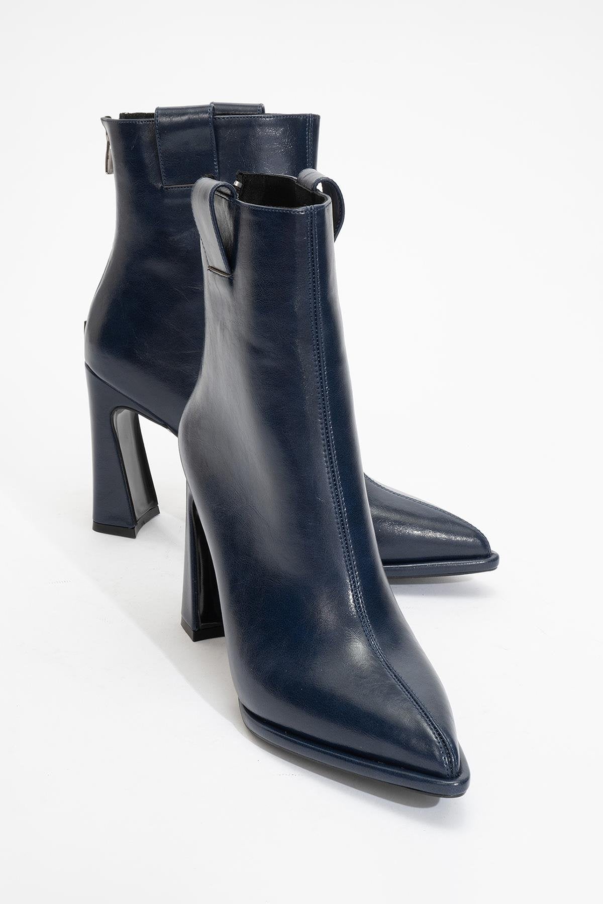 Aja - Navy Block Heel Convertible Knee-High Boot – heel view showing leather, Vowalisse