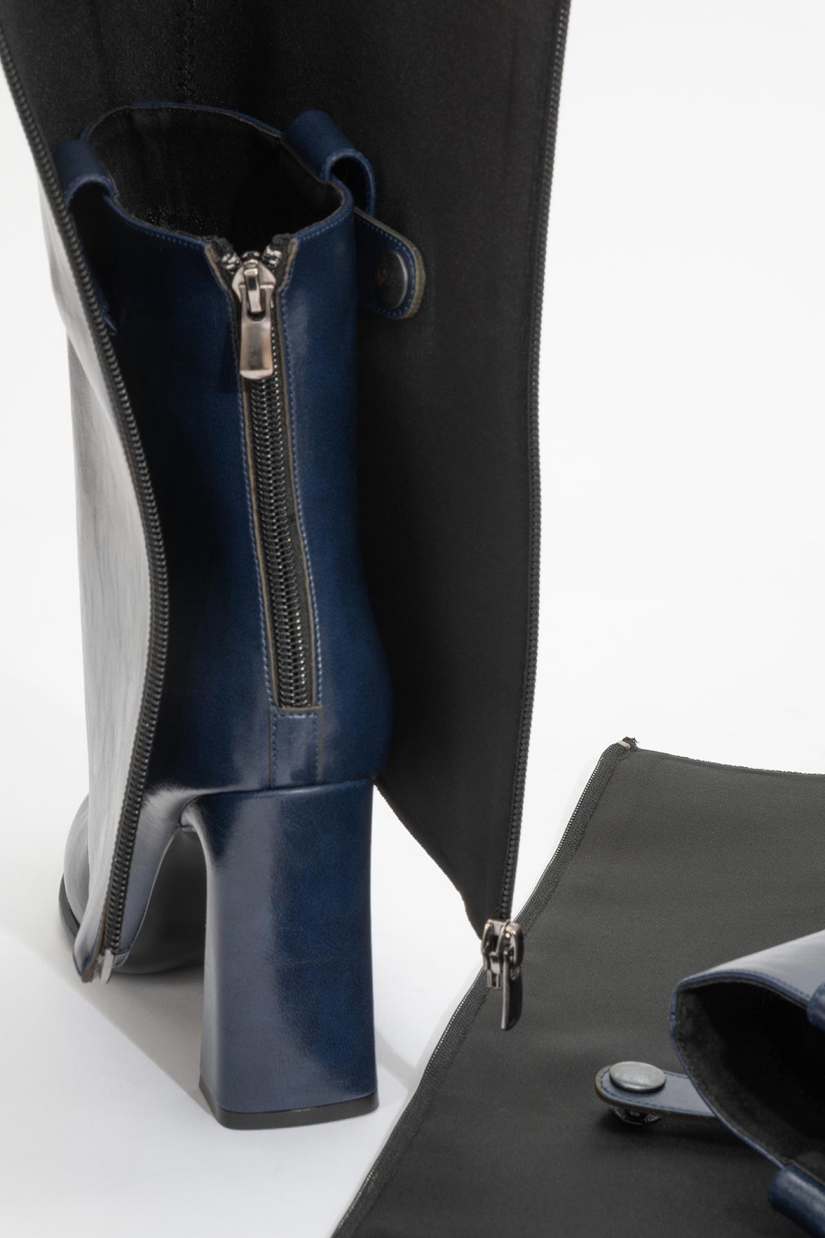 Aja - Navy Block Heel Convertible Knee-High Boot – back view showing leather, Vowalisse
