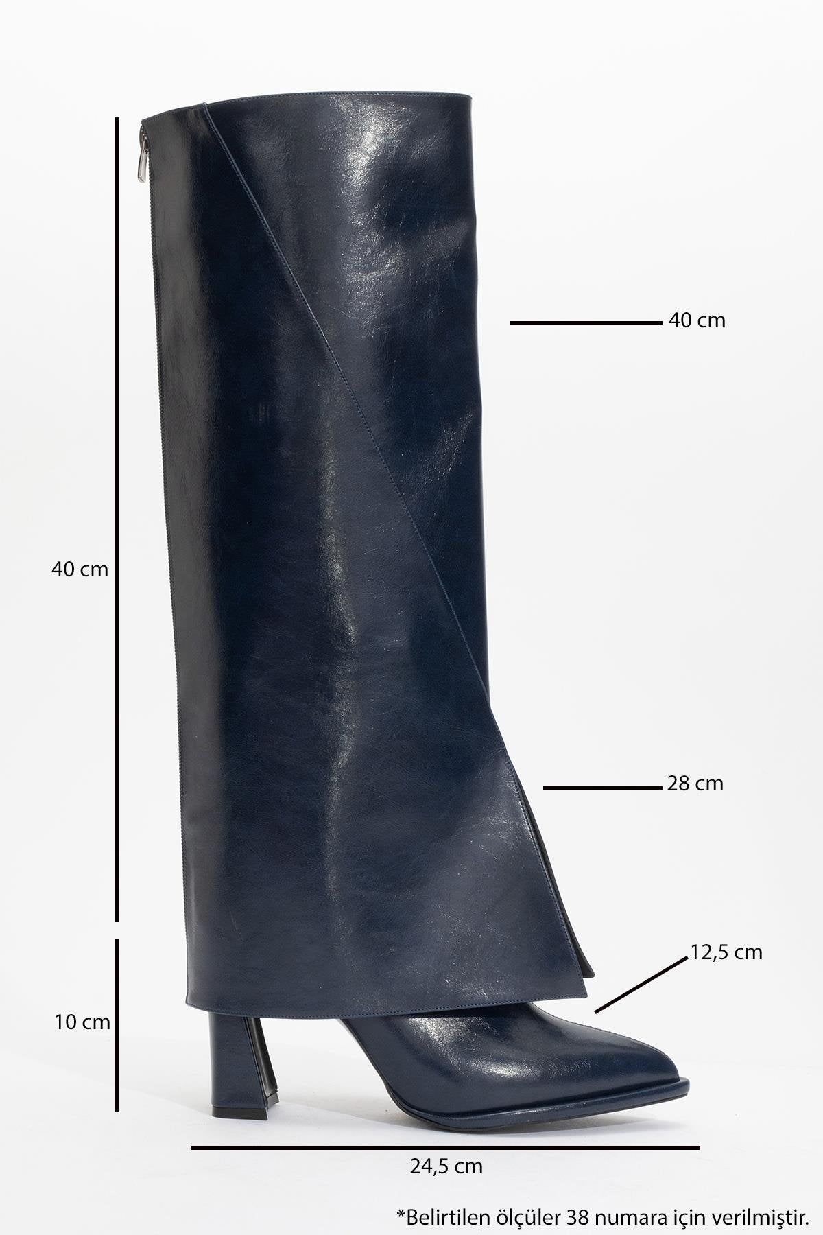 Aja - Navy Block Heel Convertible Knee-High Boot – top view showing leather, Vowalisse