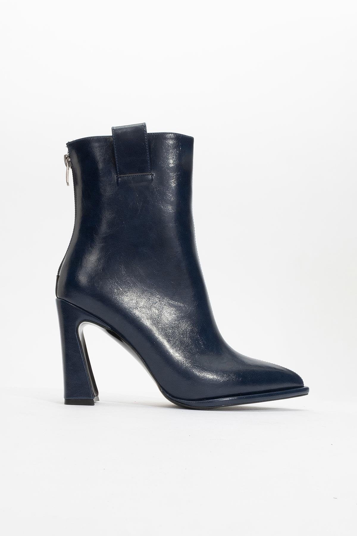 Aja - Navy Block Heel Convertible Knee-High Boot – sole view showing leather, Vowalisse