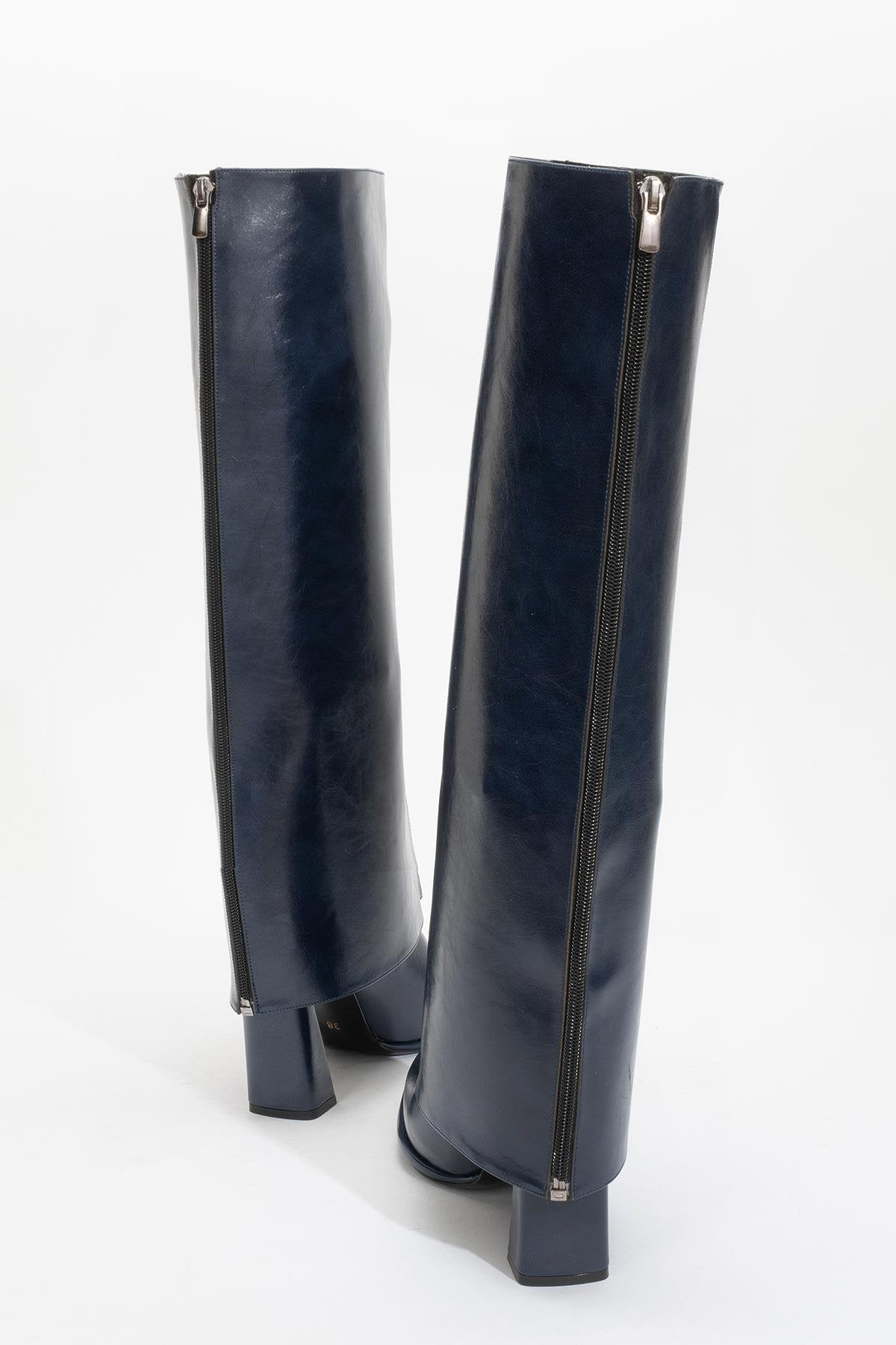 Aja - Navy Block Heel Convertible Knee-High Boot – product view 9 showing leather, Vowalisse