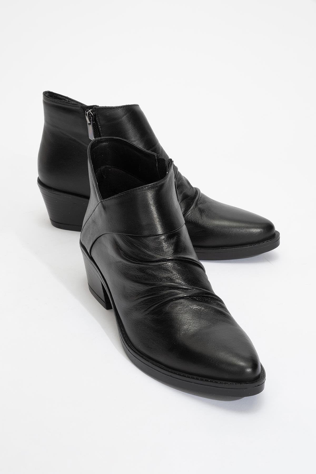 Rule - Black Genuine Leather Block Heel Boot – front three-quarter view showing leather, black, Vowalisse