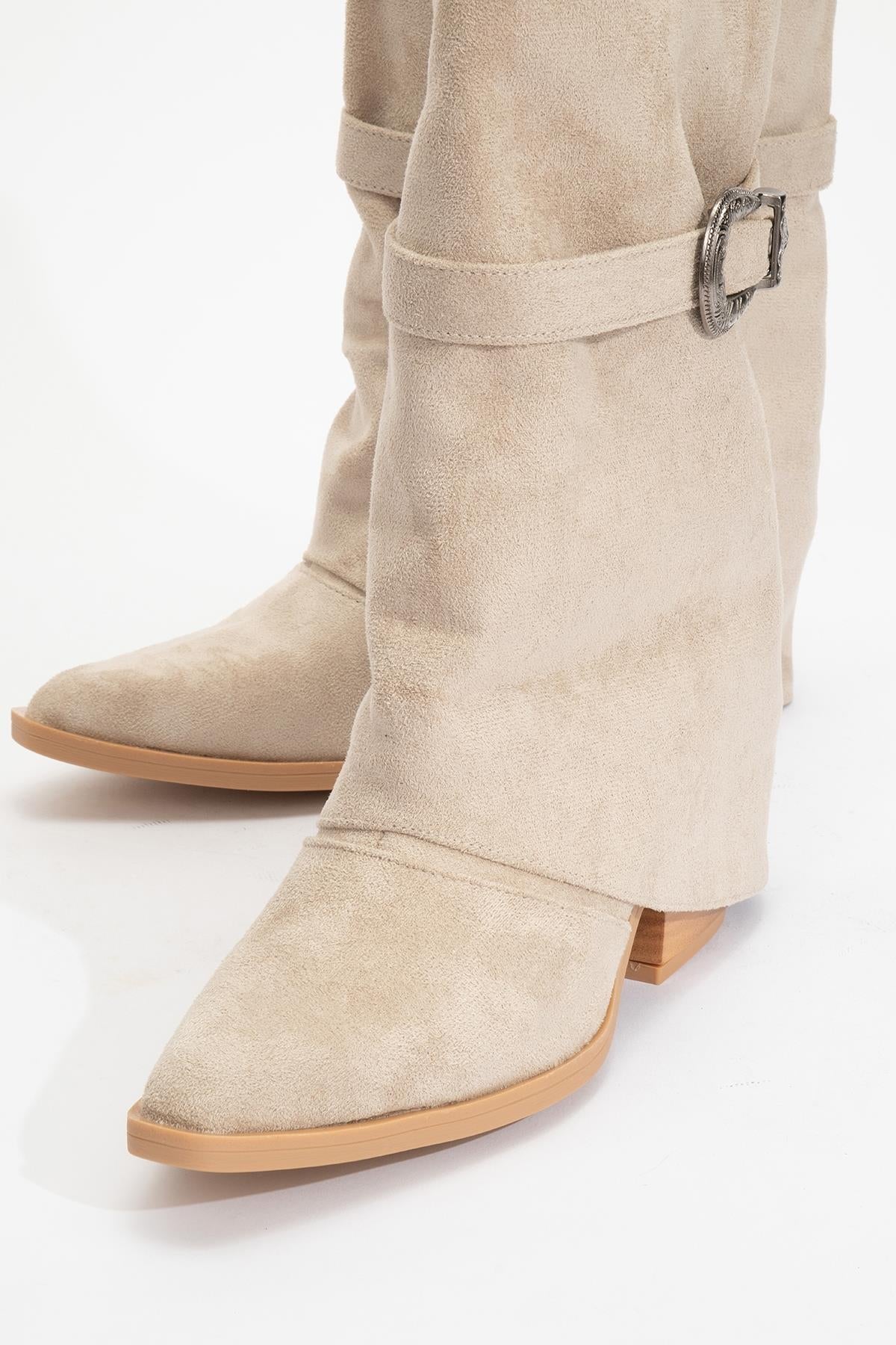 Okus - Beige Buckle Block Heel Ankle Boot – detail view showing leather, Vowalisse