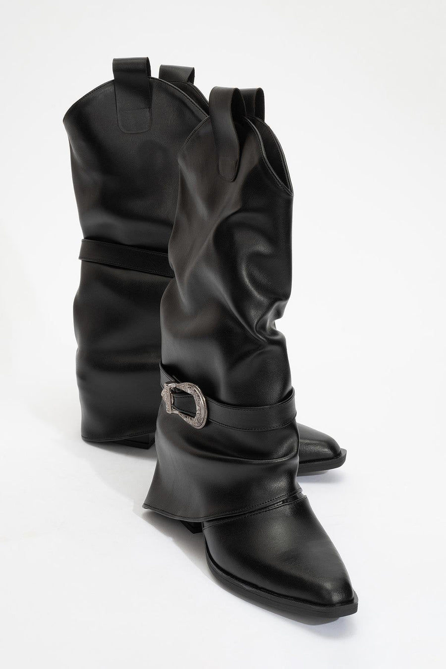 Okus - Black Buckle Block Heel Ankle Boot