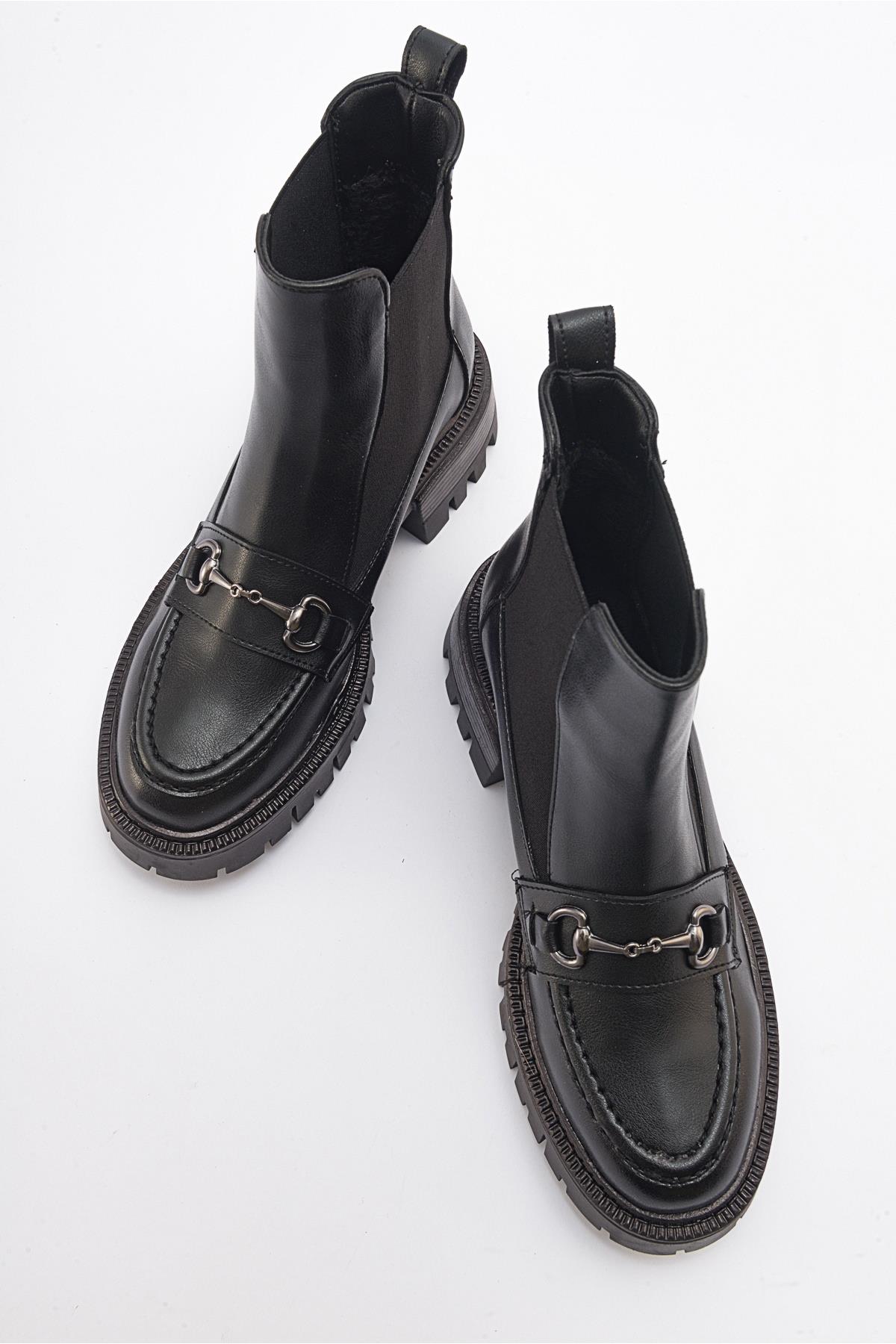Vesper Black Buckled Chelsea Boot – heel view showing leather, black, Vowalisse