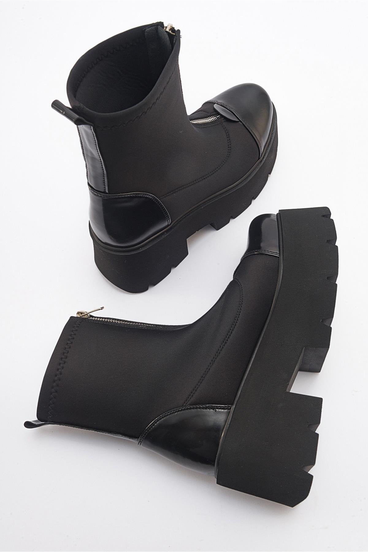 Bray Black Patent Chunky Boot – detail view showing leather, black, red, Vowalisse