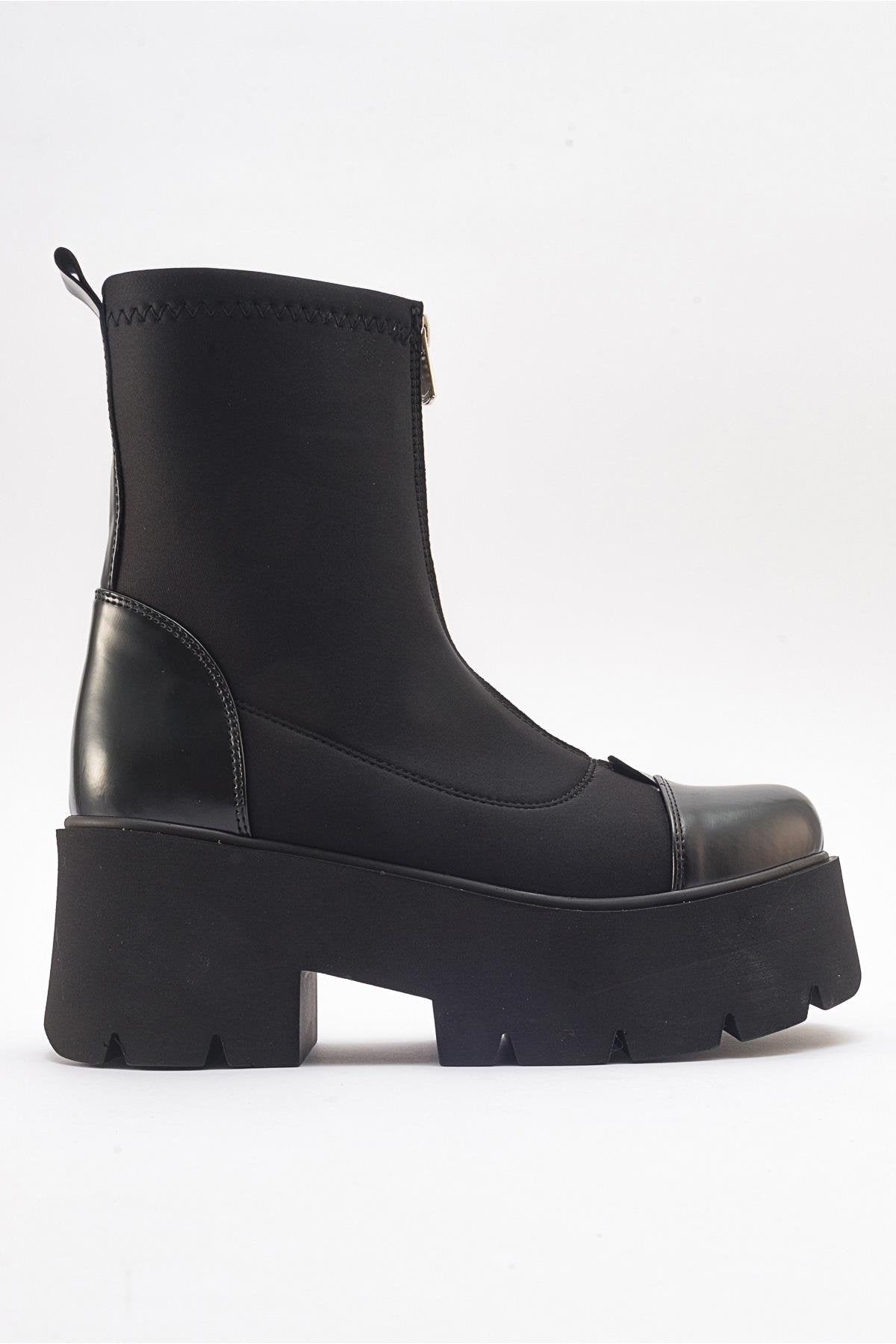 Bray Black Patent Chunky Boot – sole view showing leather, black, red, Vowalisse