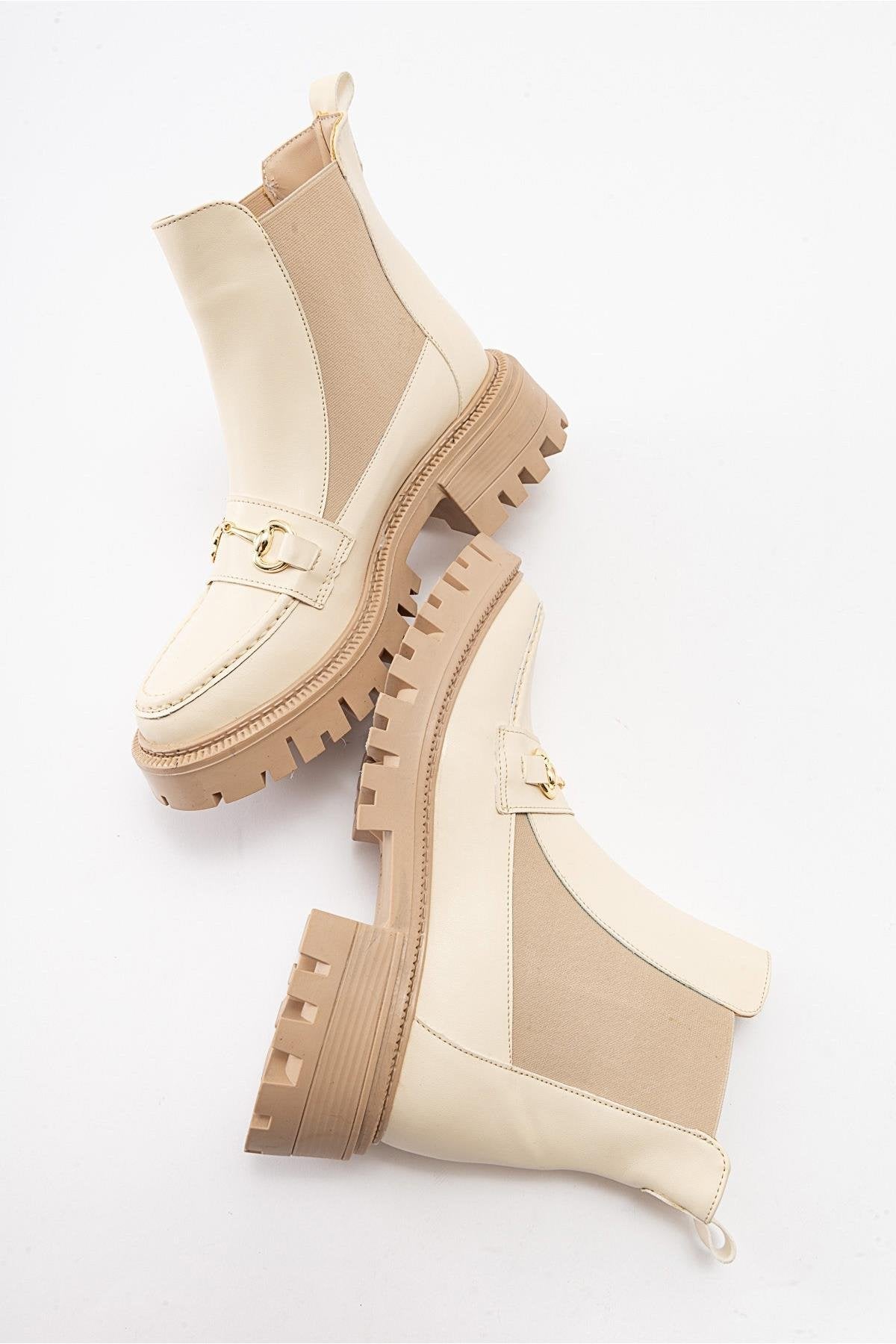 Vesper Beige Buckled Chelsea Boot – side view showing leather, Vowalisse