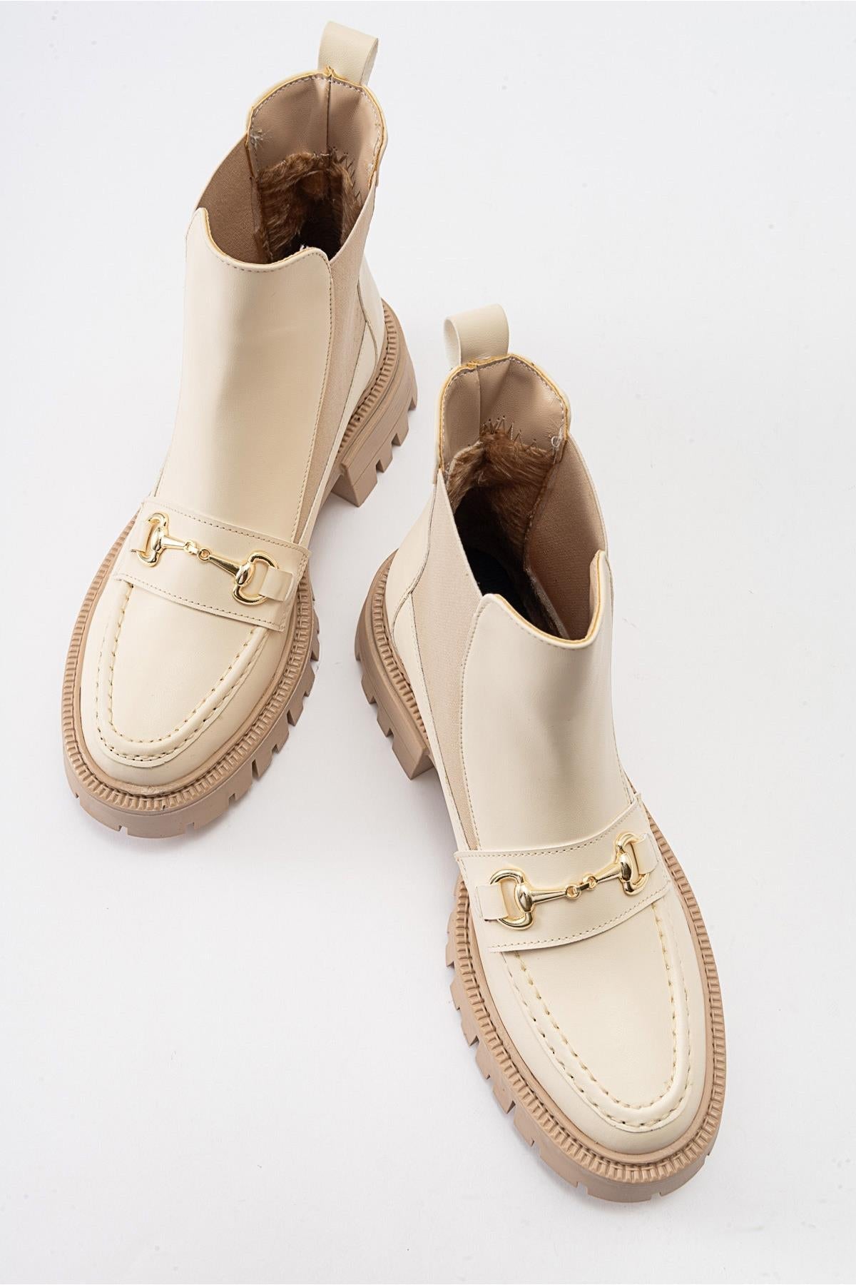 Vesper Beige Buckled Chelsea Boot – detail view showing leather, Vowalisse