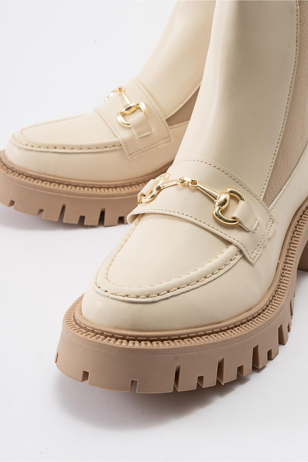 Vesper Beige Buckled Chelsea Boot – heel view showing leather, Vowalisse