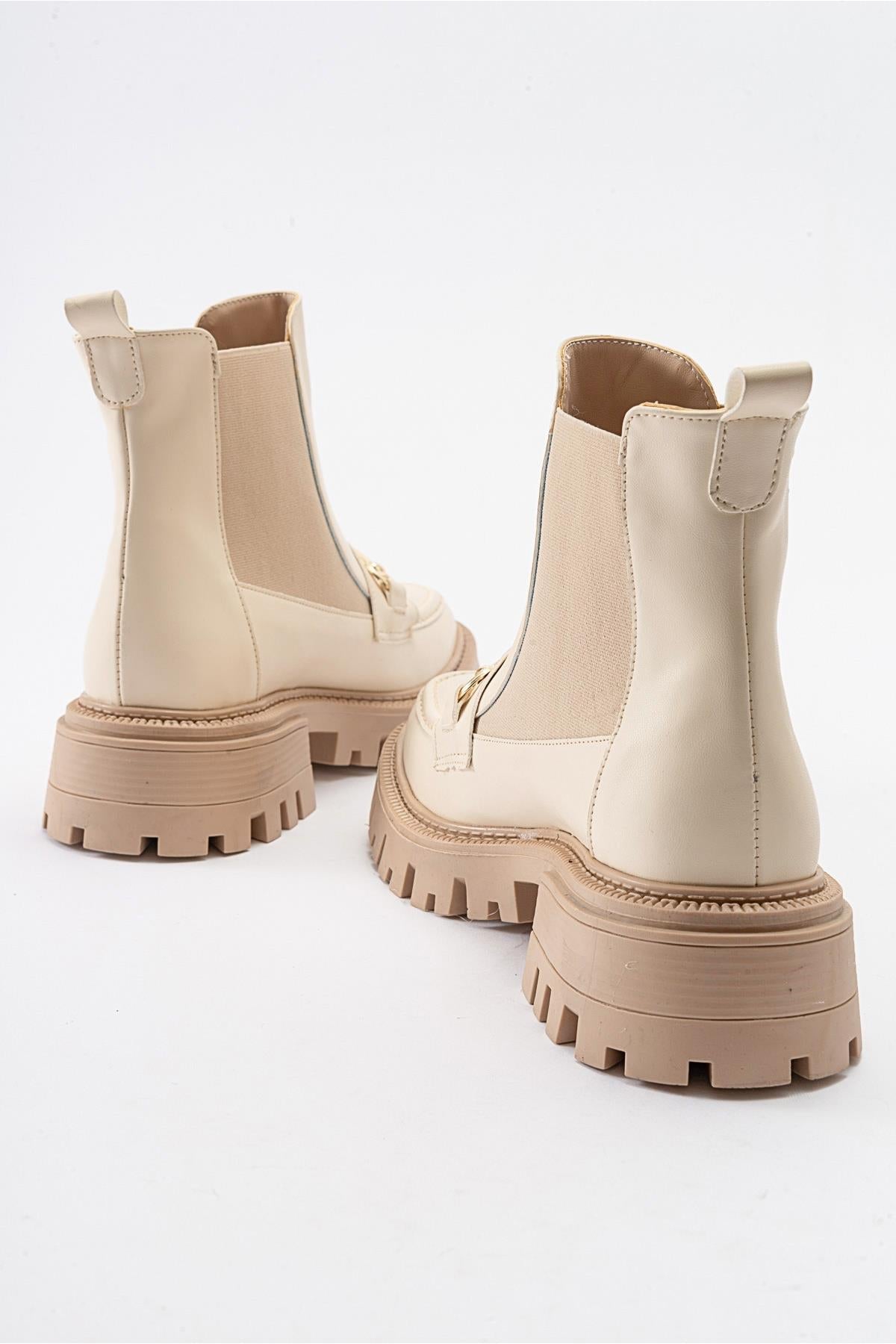 Vesper Beige Buckled Chelsea Boot – back view showing leather, Vowalisse
