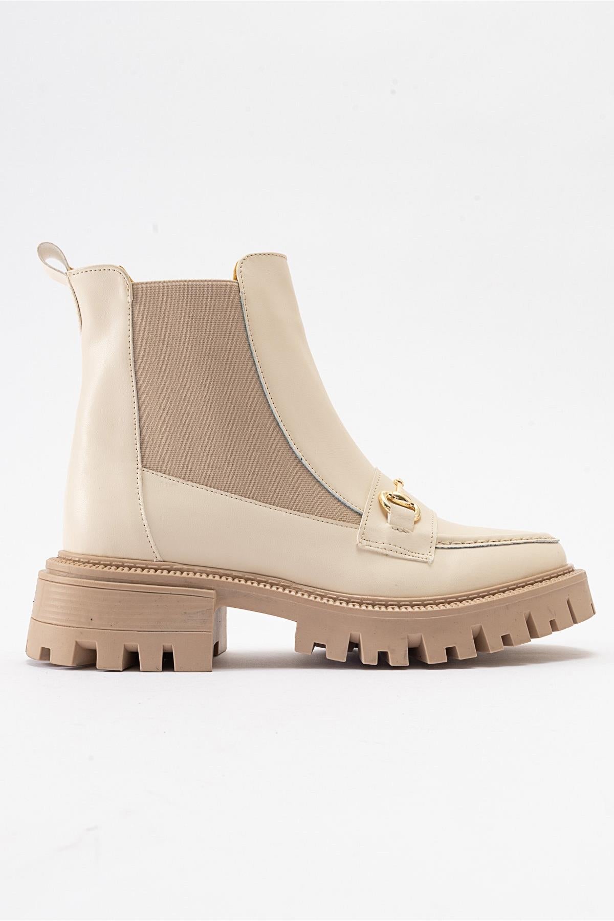 Vesper Beige Buckled Chelsea Boot – top view showing leather, Vowalisse