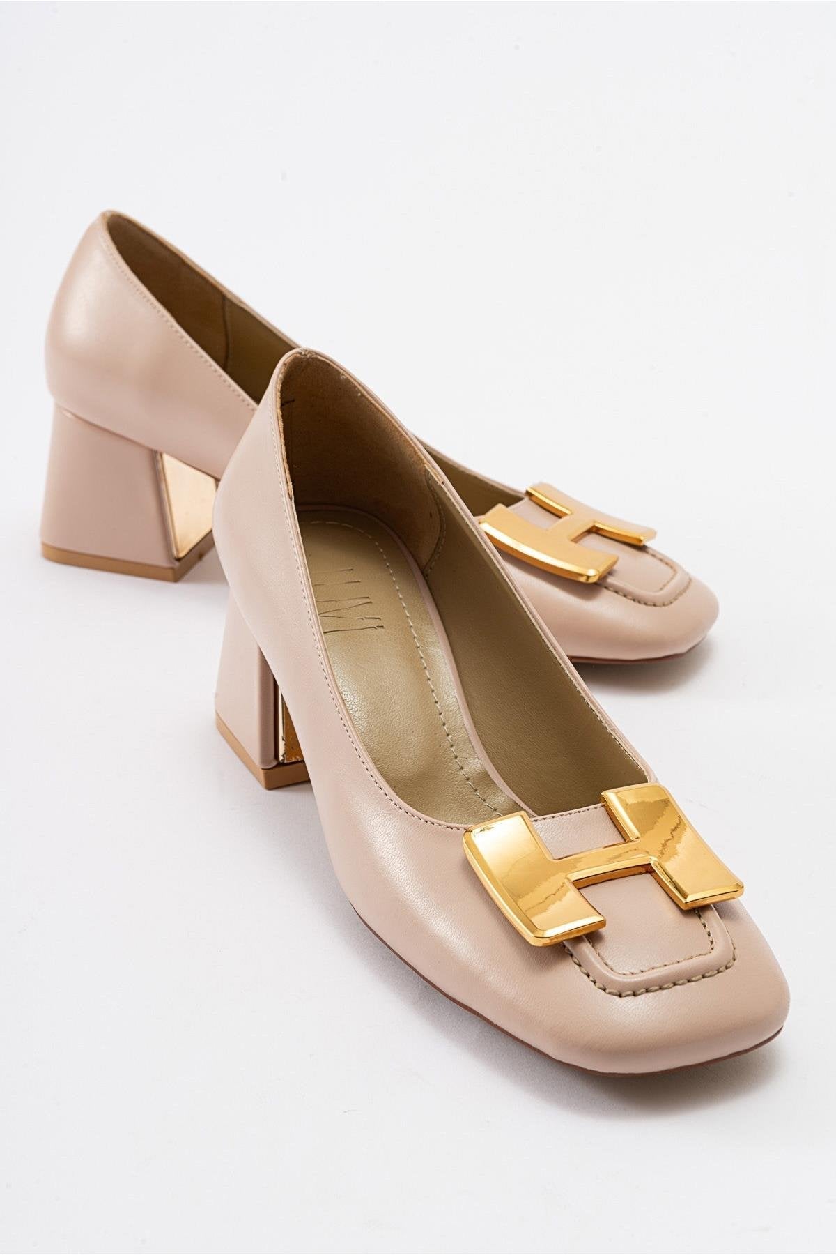 Elois - Beige Gold Buckled Heeled Shoe – front three-quarter view showing leather, gold, Vowalisse