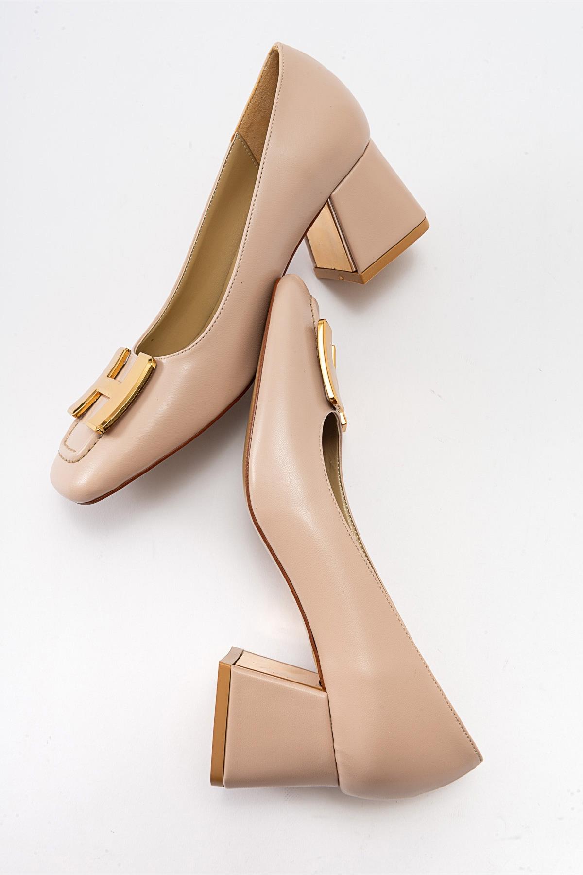 Elois - Beige Gold Buckled Heeled Shoe – back view showing leather, gold, Vowalisse