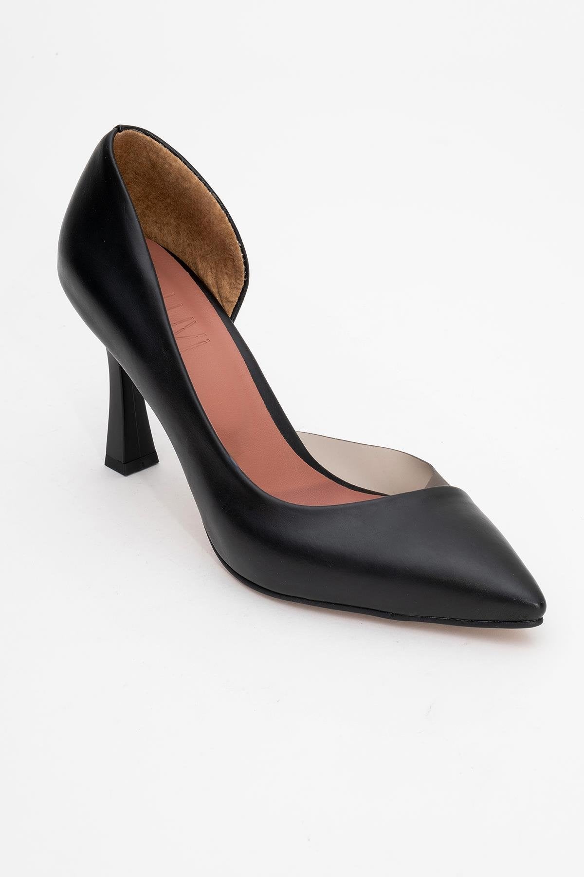 Ursula - Black Heeled Shoe – detail view showing leather, black, Vowalisse