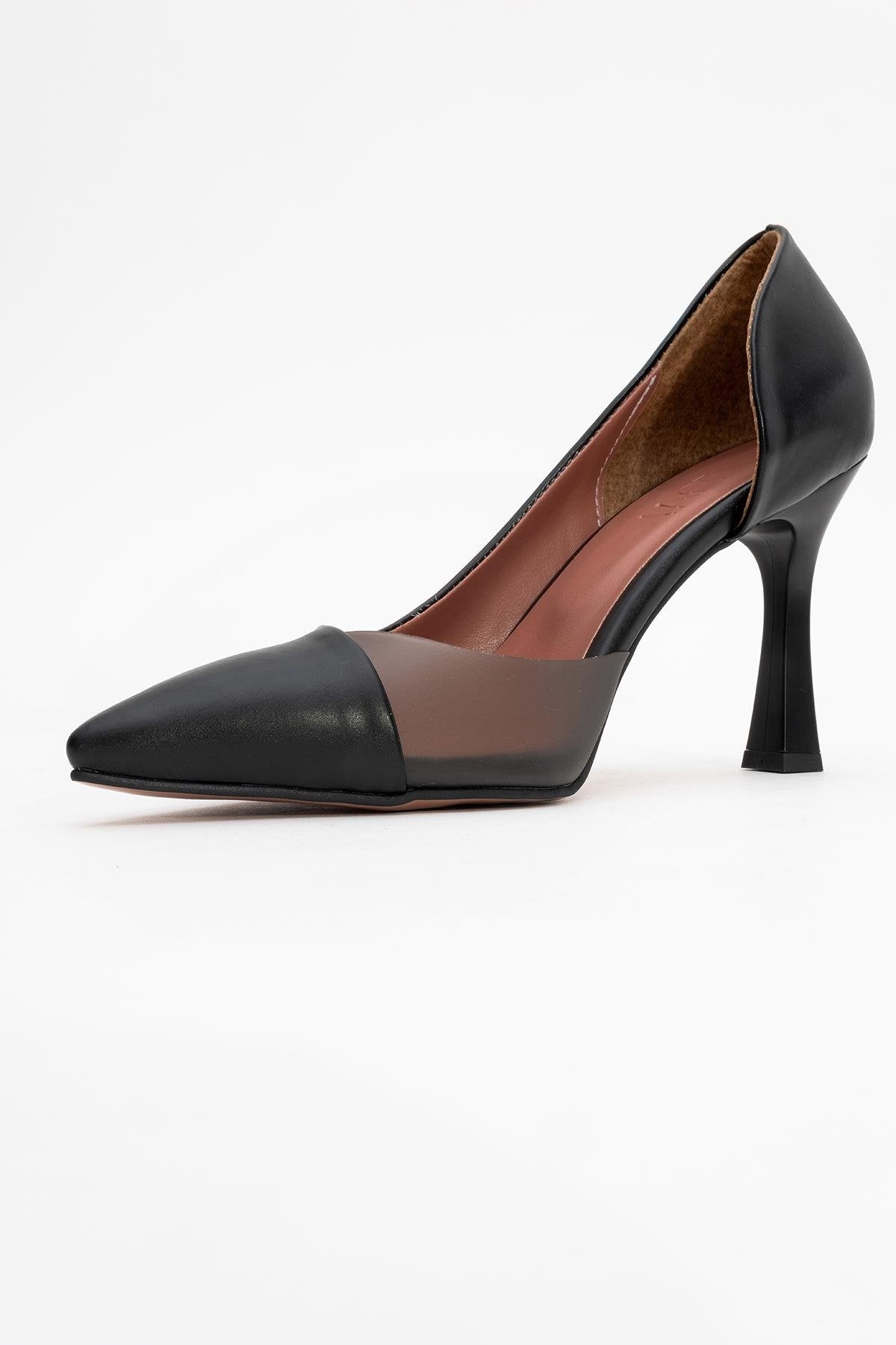 Ursula - Black Heeled Shoe – heel view showing leather, black, Vowalisse