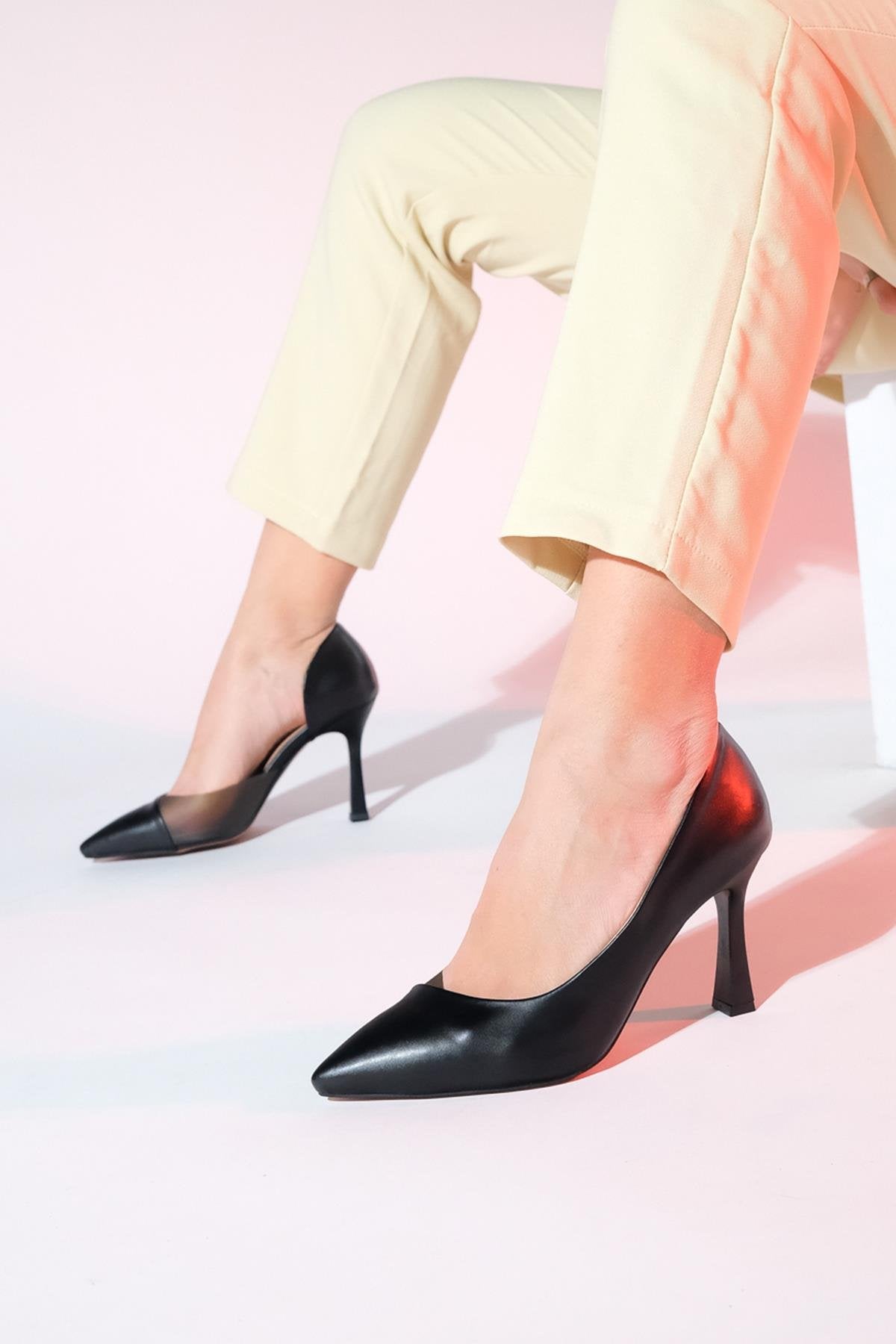 Ursula - Black Heeled Shoe – sole view showing leather, black, Vowalisse
