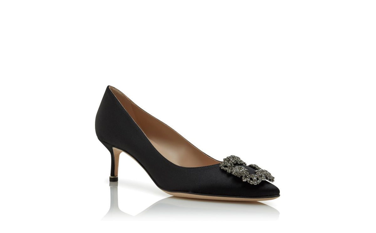 Celeste Dream Black Jewel Buckle Pumps – top view showing black jewel buckle, crystal buckle, almond toe, satin, Vowalisse